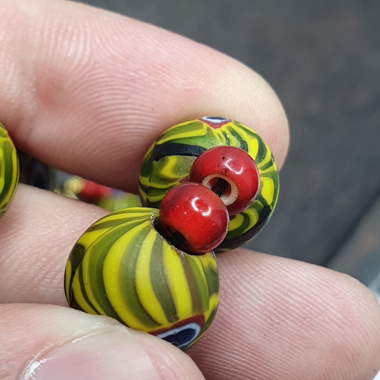 Vintage RED white Heart 6mm & Roman Style Green Gabri Eyes Beads Necklace