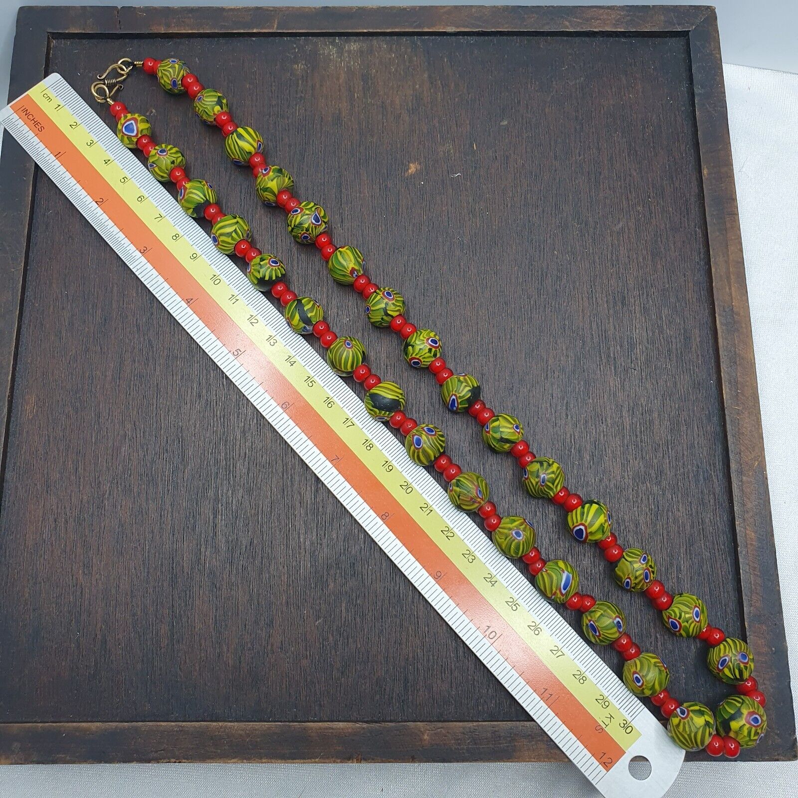Vintage RED white Heart 6mm & Roman Style Green Gabri Eyes Beads Necklace