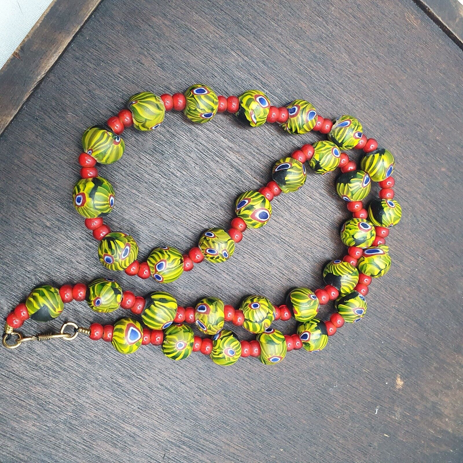 Vintage RED white Heart 6mm & Roman Style Green Gabri Eyes Beads Necklace