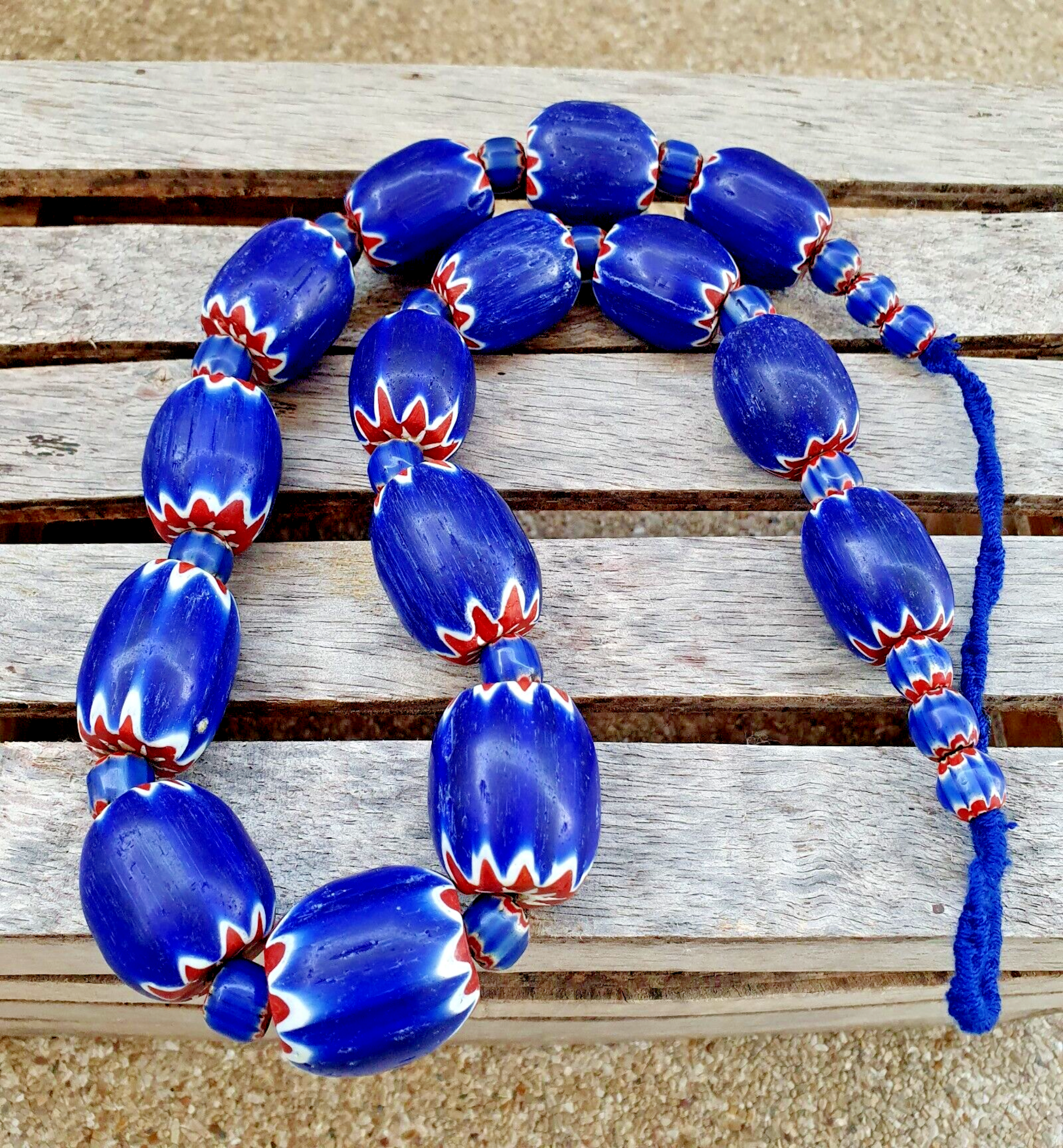 400 Grams Venetian style Blue Chevron Glass Beads Big Size Long Strand