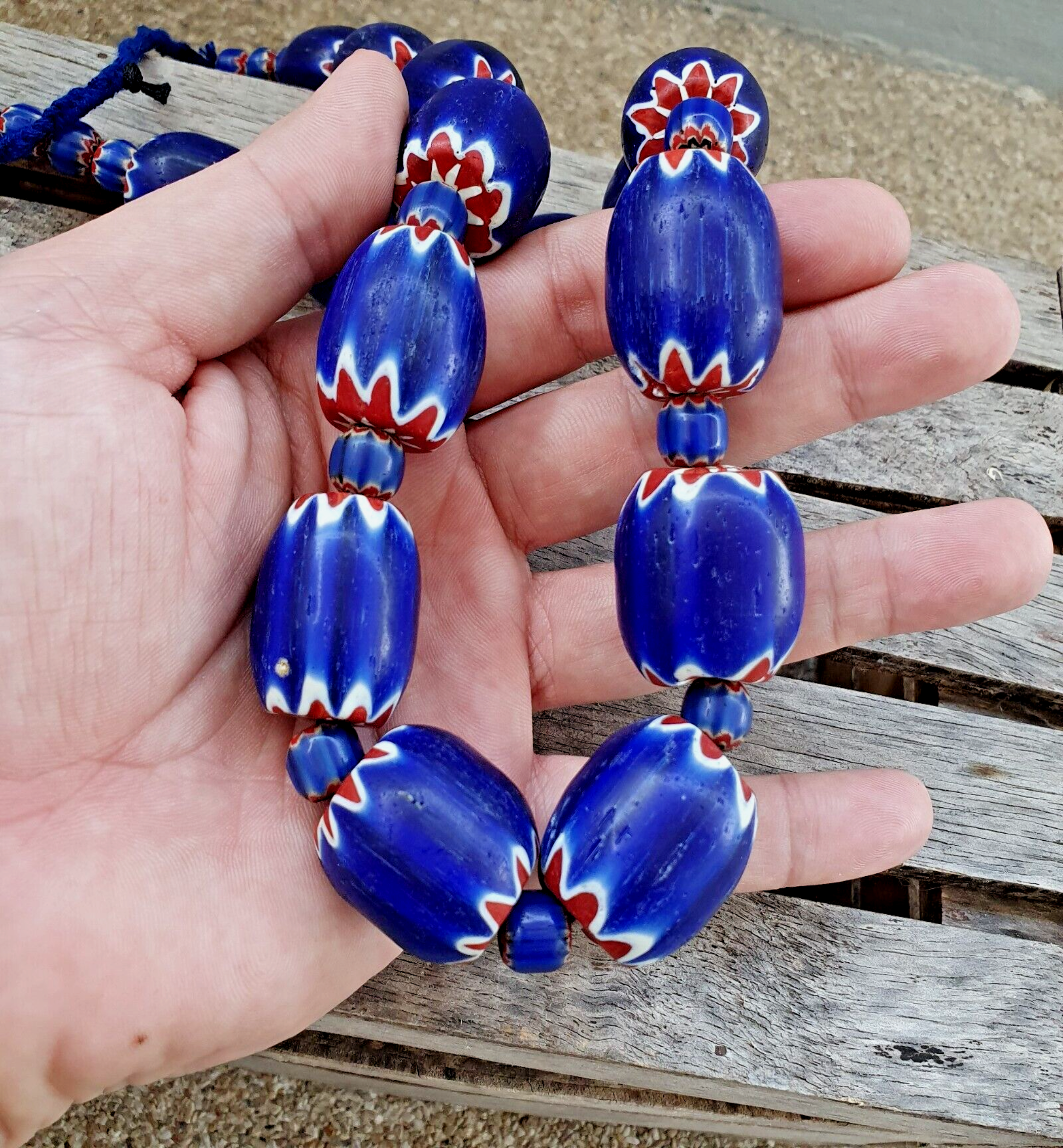 400 Grams Venetian style Blue Chevron Glass Beads Big Size Long Strand