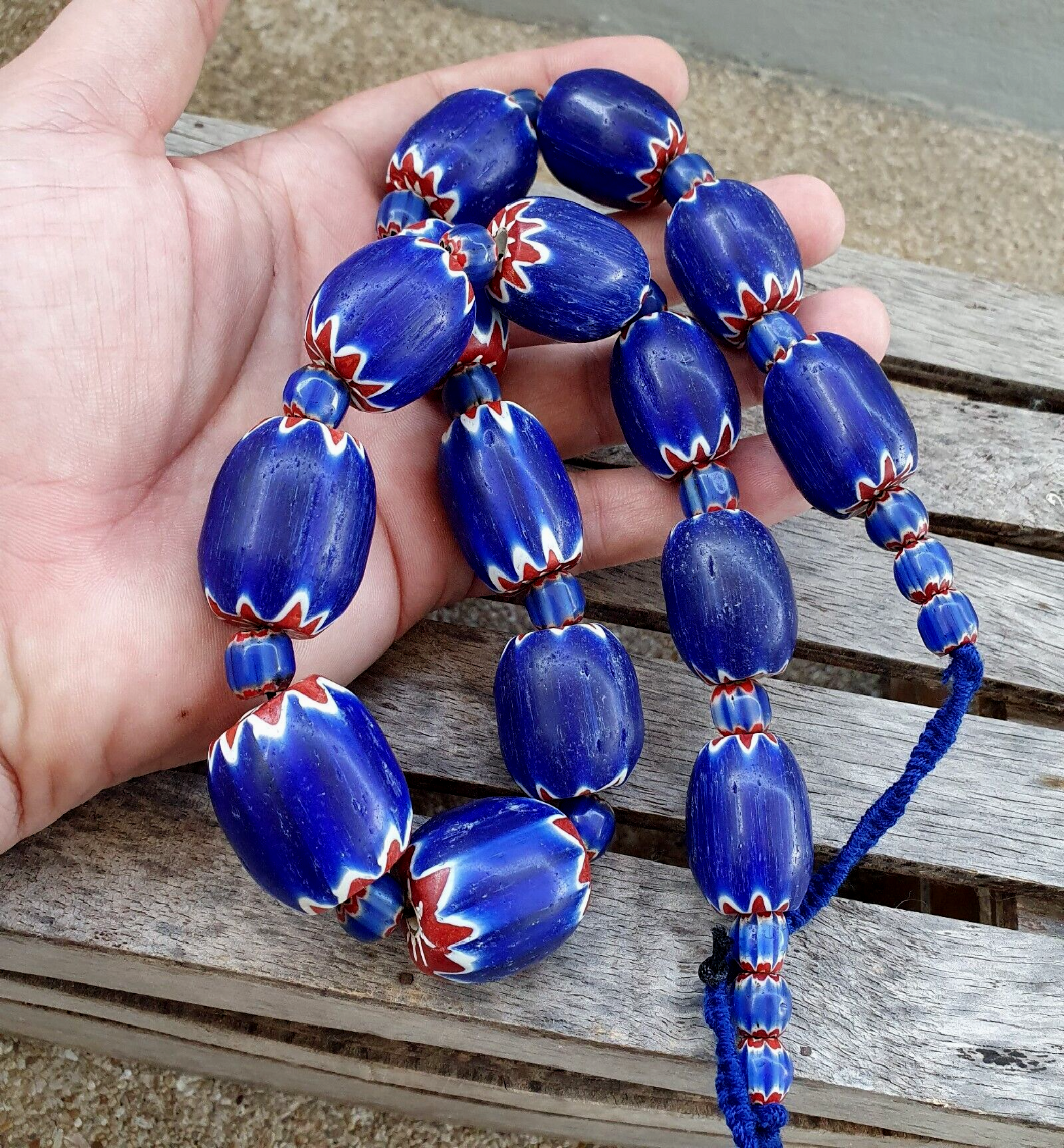 400 Grams Venetian style Blue Chevron Glass Beads Big Size Long Strand