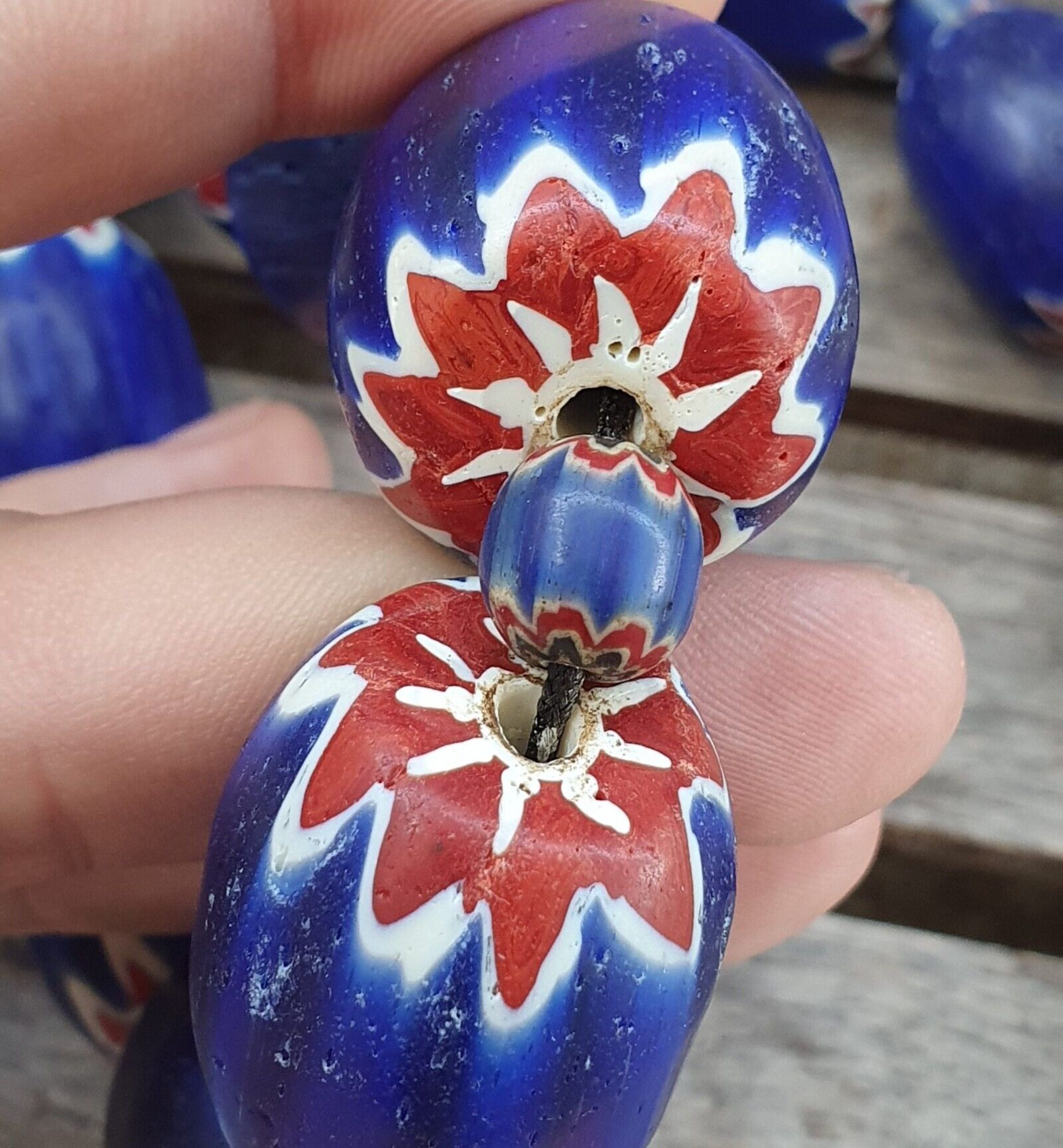 400 Grams Venetian style Blue Chevron Glass Beads Big Size Long Strand