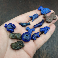 Lot Of 12 Pcs Carving Lapis Lazuli, Jade, jasper Antique Small Animals Beads