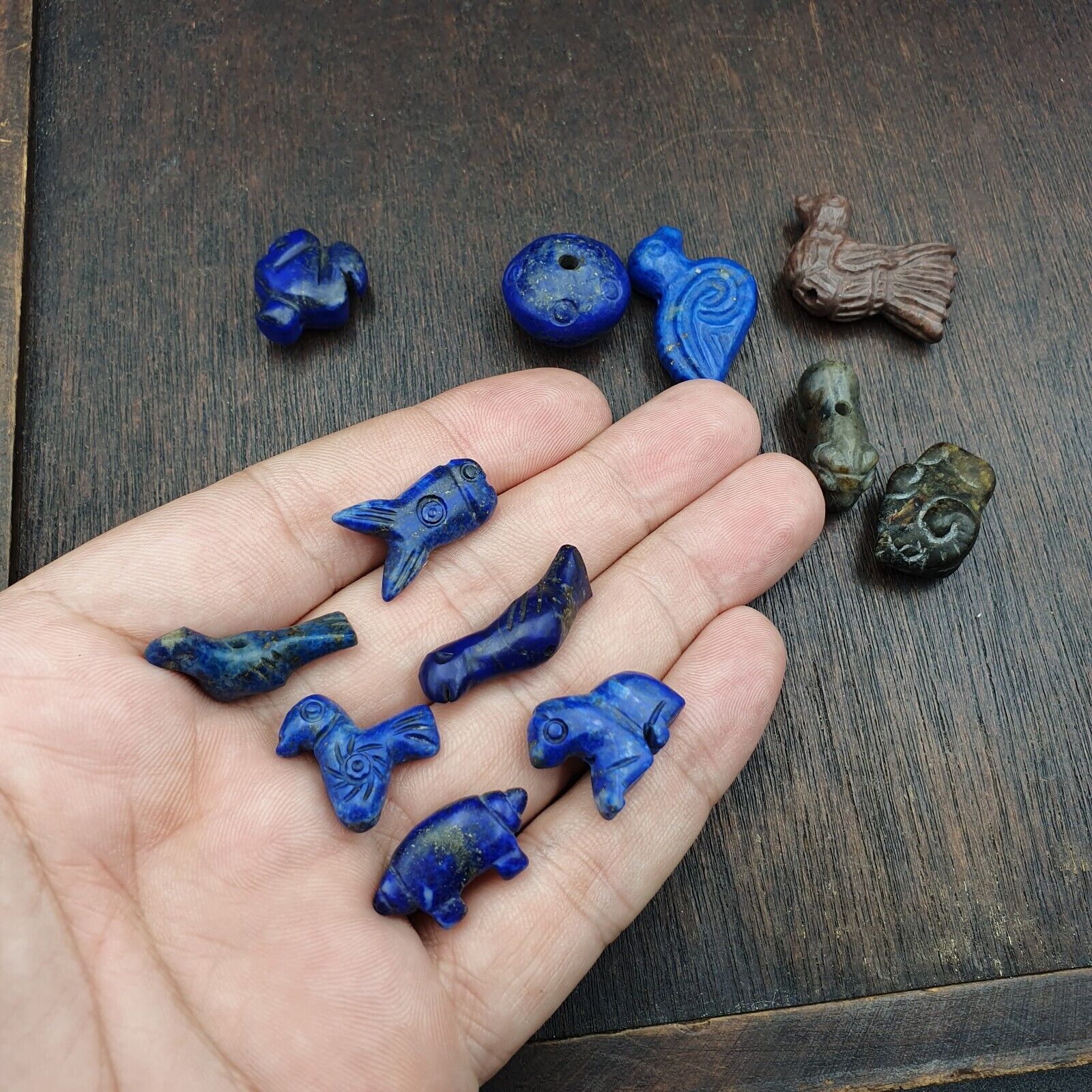 Lot Of 12 Pcs Carving Lapis Lazuli, Jade, jasper Antique Small Animals Beads