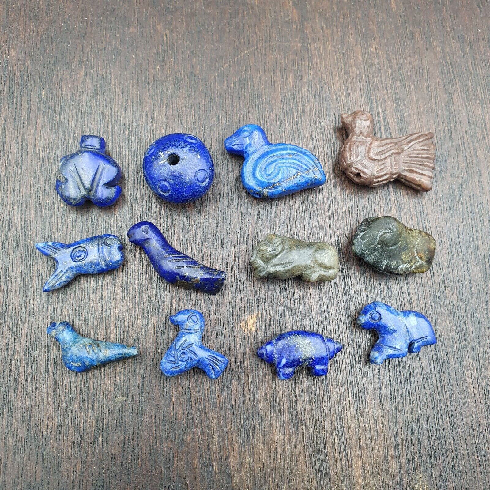 Lot Of 12 Pcs Carving Lapis Lazuli, Jade, jasper Antique Small Animals Beads