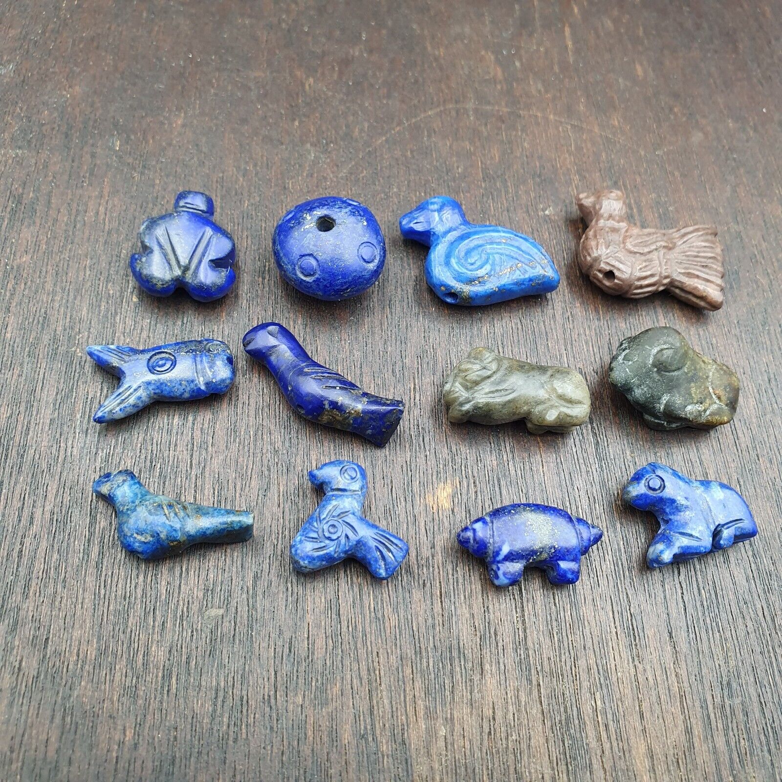 Lot Of 12 Pcs Carving Lapis Lazuli, Jade, jasper Antique Small Animals Beads