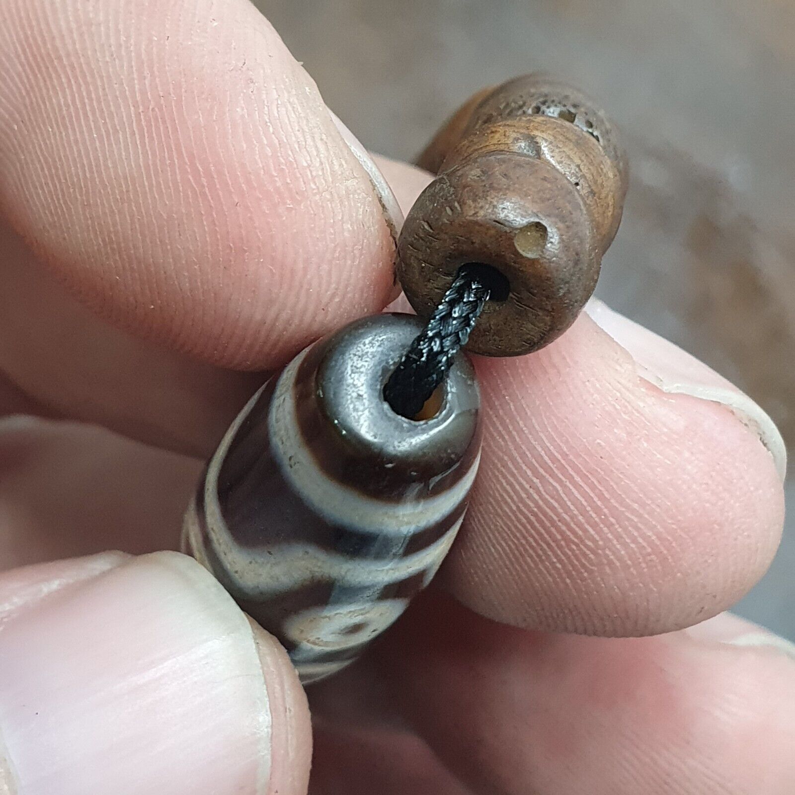 7 eyes Tibetan old Agate amulet with carving Yak Bone Beads Necklace