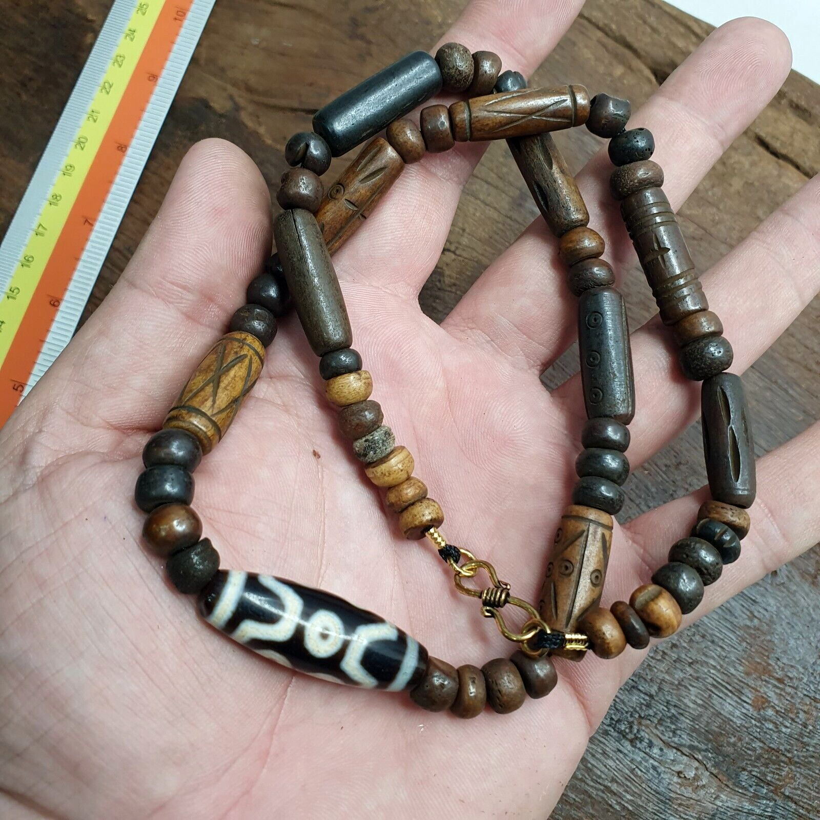7 eyes Tibetan old Agate amulet with carving Yak Bone Beads Necklace