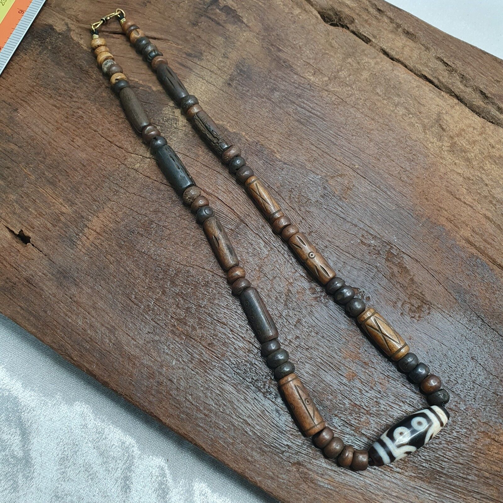 7 eyes Tibetan old Agate amulet with carving Yak Bone Beads Necklace