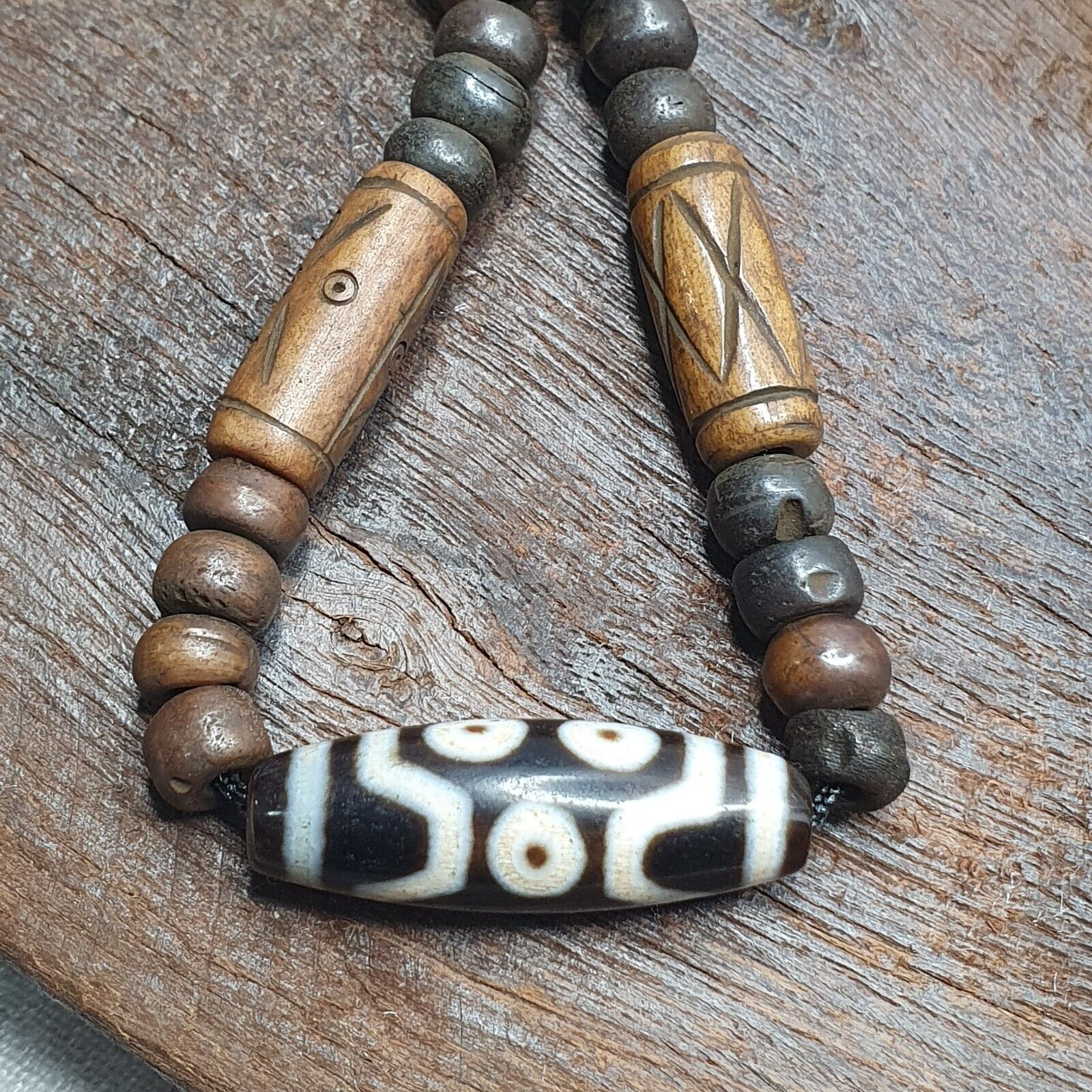7 eyes Tibetan old Agate amulet with carving Yak Bone Beads Necklace