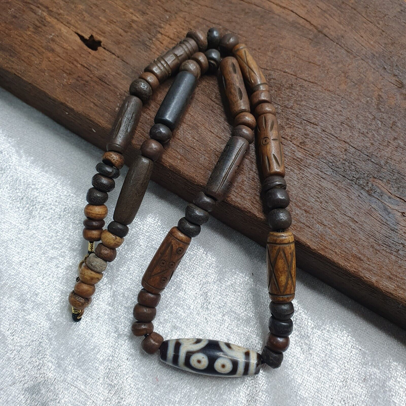 7 eyes Tibetan old Agate amulet with carving Yak Bone Beads Necklace