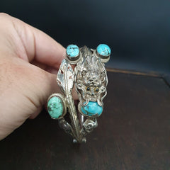 BIG MEN'S VINTAGE Natural Turquoise 925 Sterling Silver Dragon Engraved Bangle