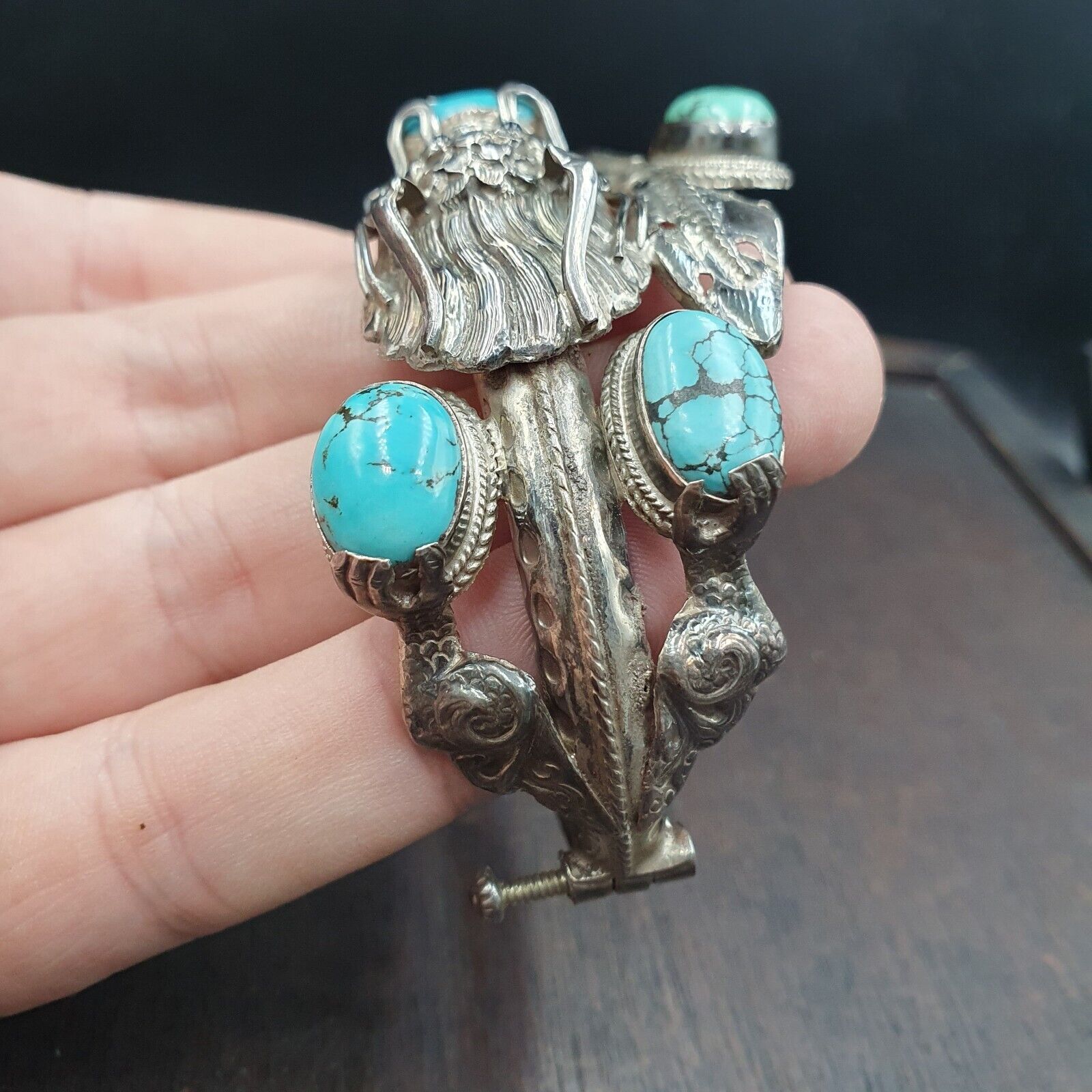 BIG MEN'S VINTAGE Natural Turquoise 925 Sterling Silver Dragon Engraved Bangle