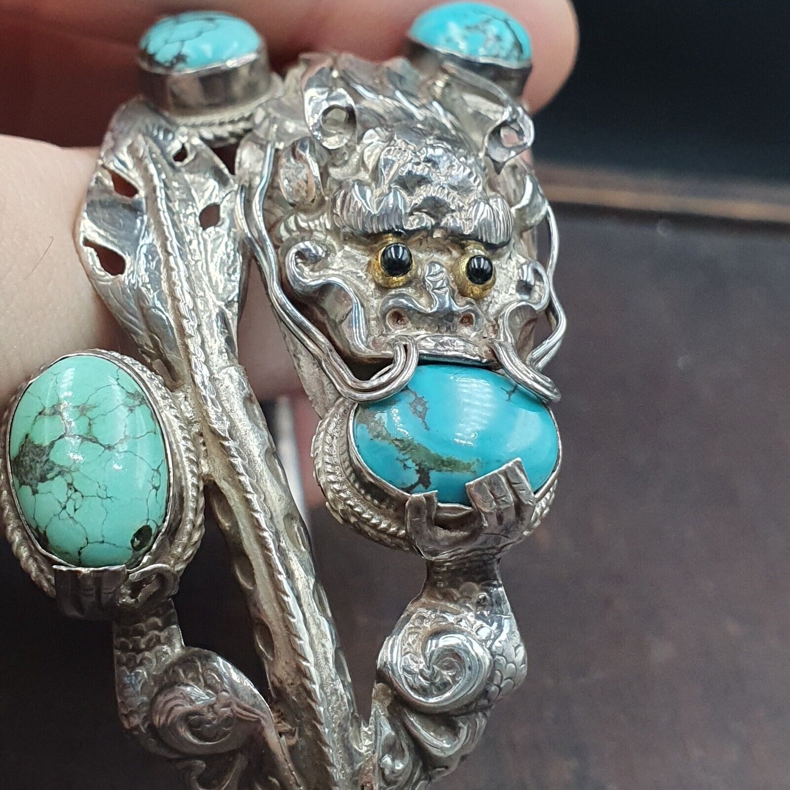 BIG MEN'S VINTAGE Natural Turquoise 925 Sterling Silver Dragon Engraved Bangle