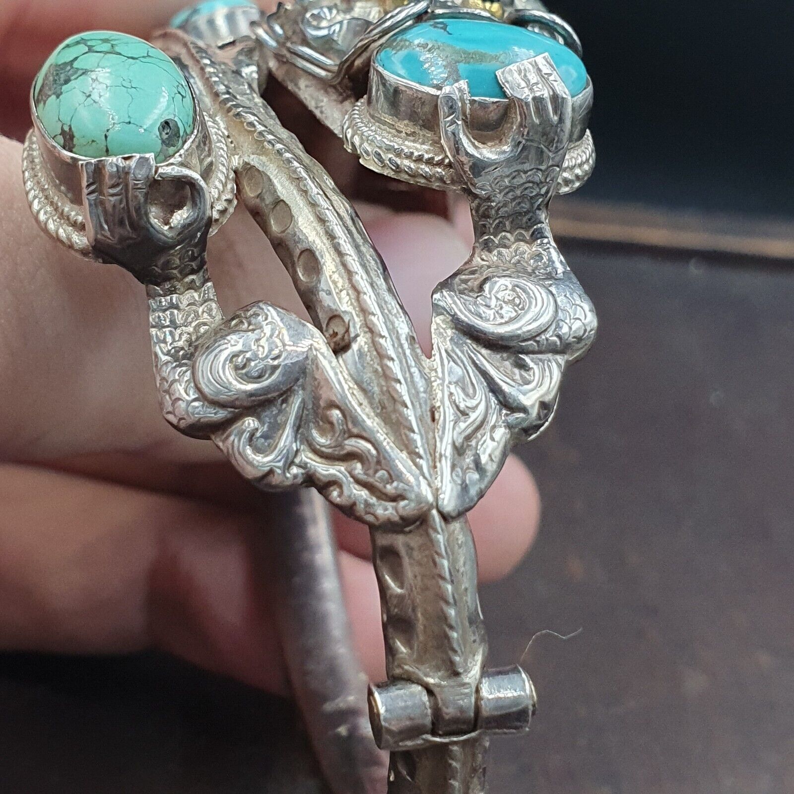 BIG MEN'S VINTAGE Natural Turquoise 925 Sterling Silver Dragon Engraved Bangle