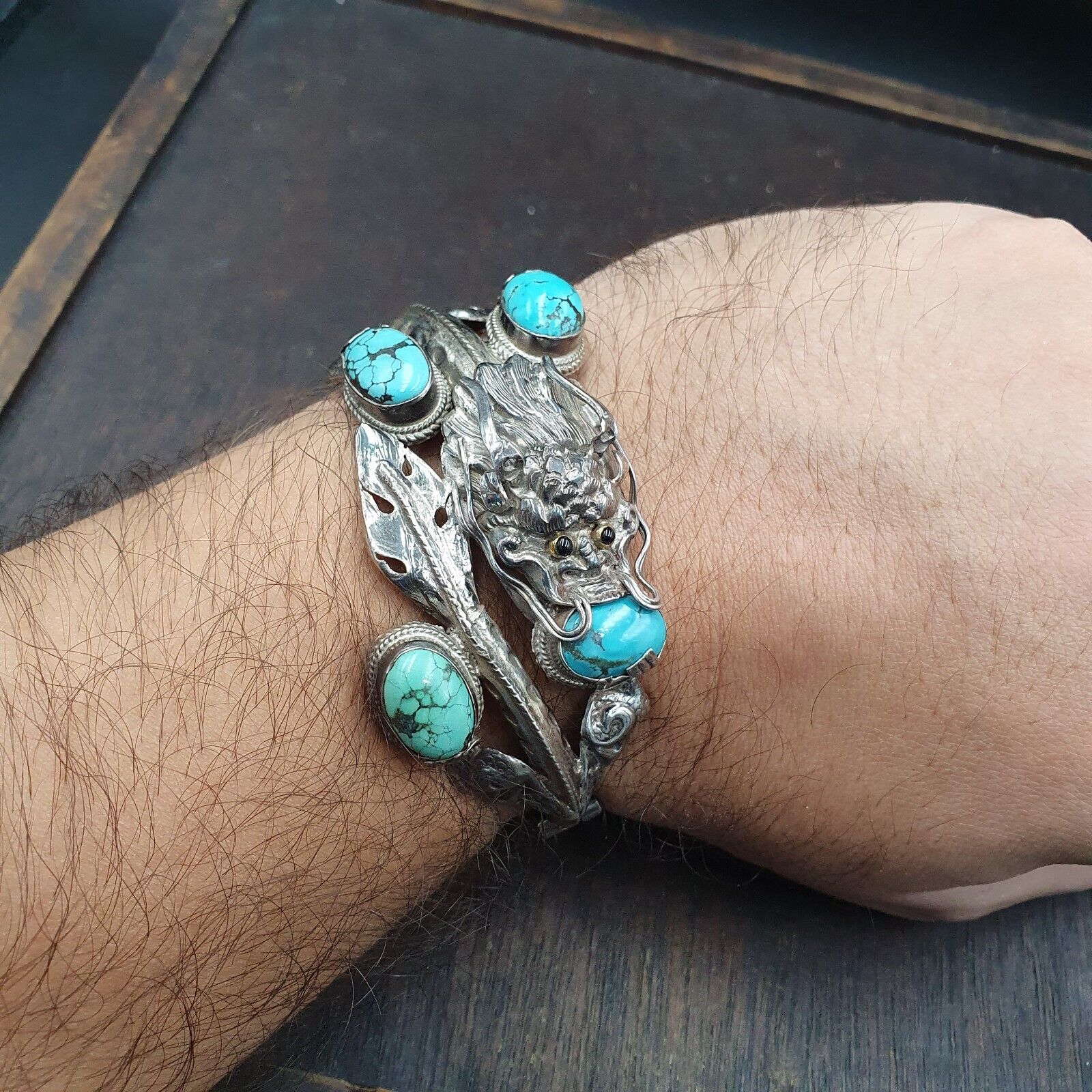 BIG MEN'S VINTAGE Natural Turquoise 925 Sterling Silver Dragon Engraved Bangle