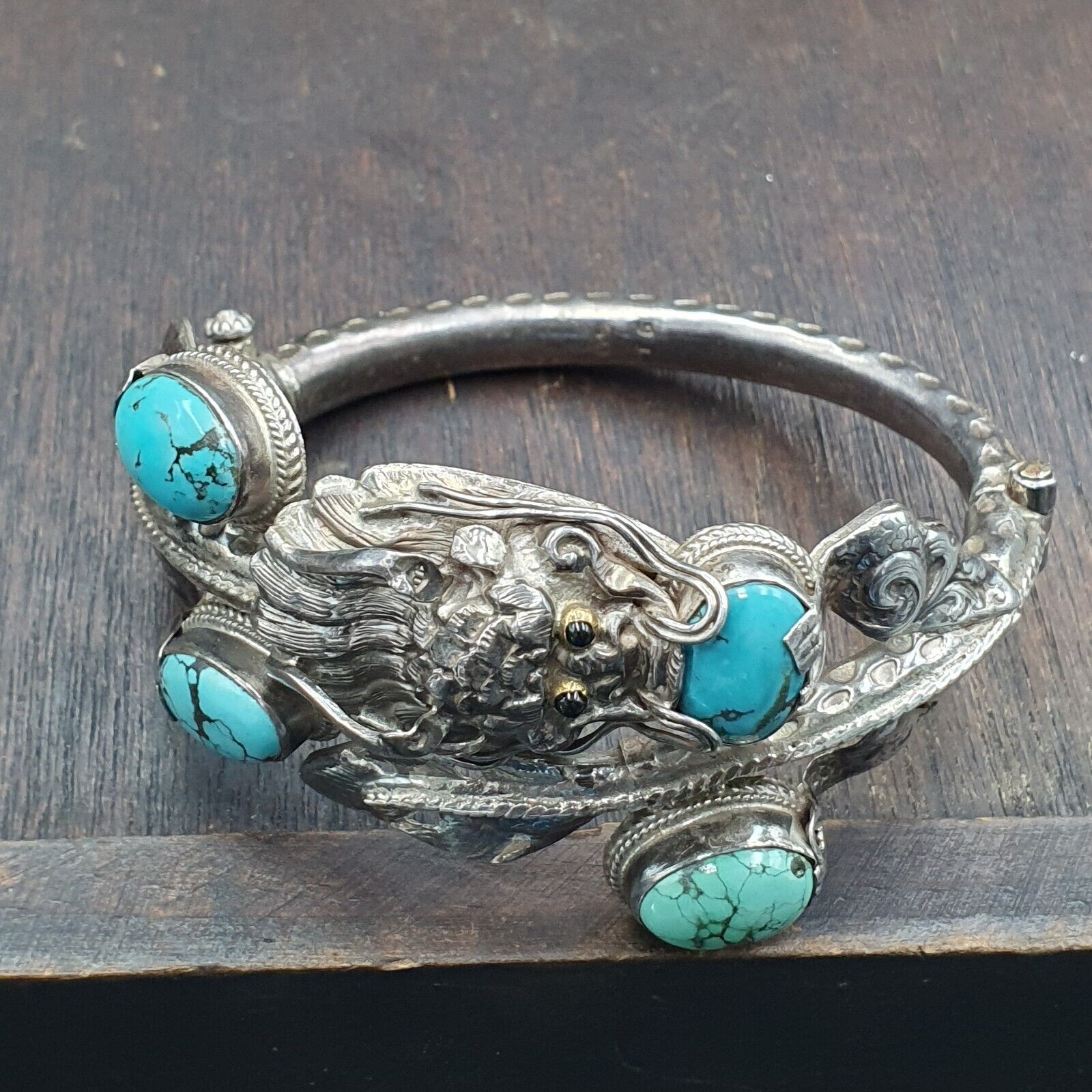 BIG MEN'S VINTAGE Natural Turquoise 925 Sterling Silver Dragon Engraved Bangle