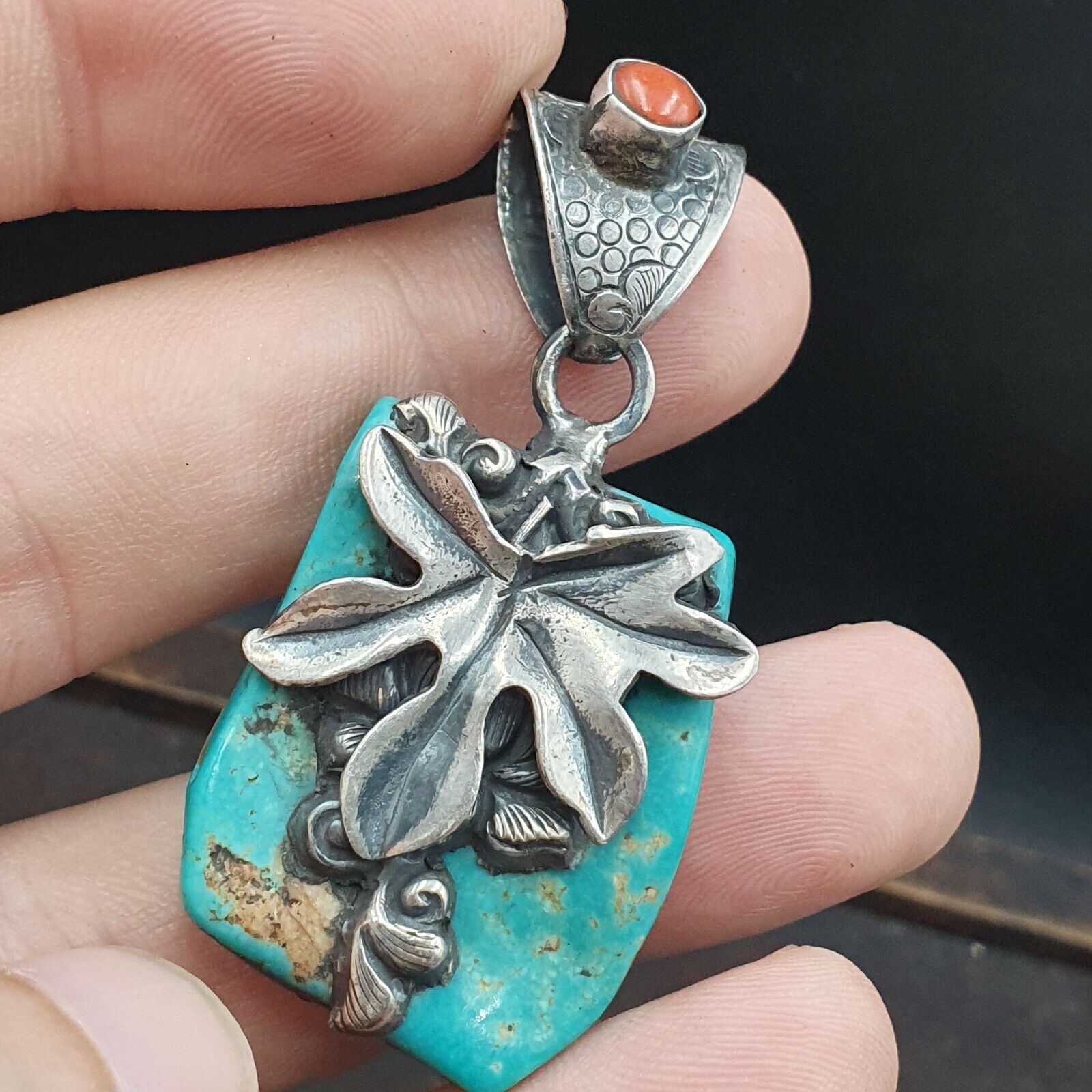Amazing Natural Arizona Turquoise Nugget, Coral 925 STERLING SILVER Pendant TP2