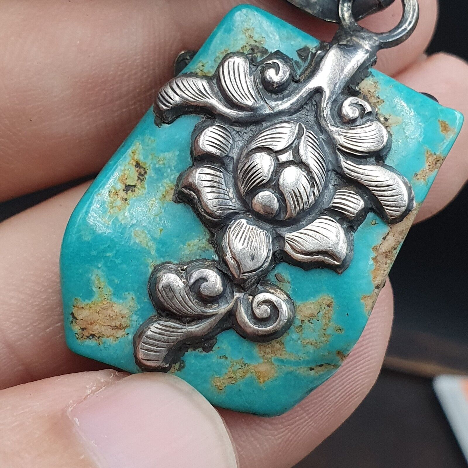 Amazing Natural Arizona Turquoise Nugget, Coral 925 STERLING SILVER Pendant TP2