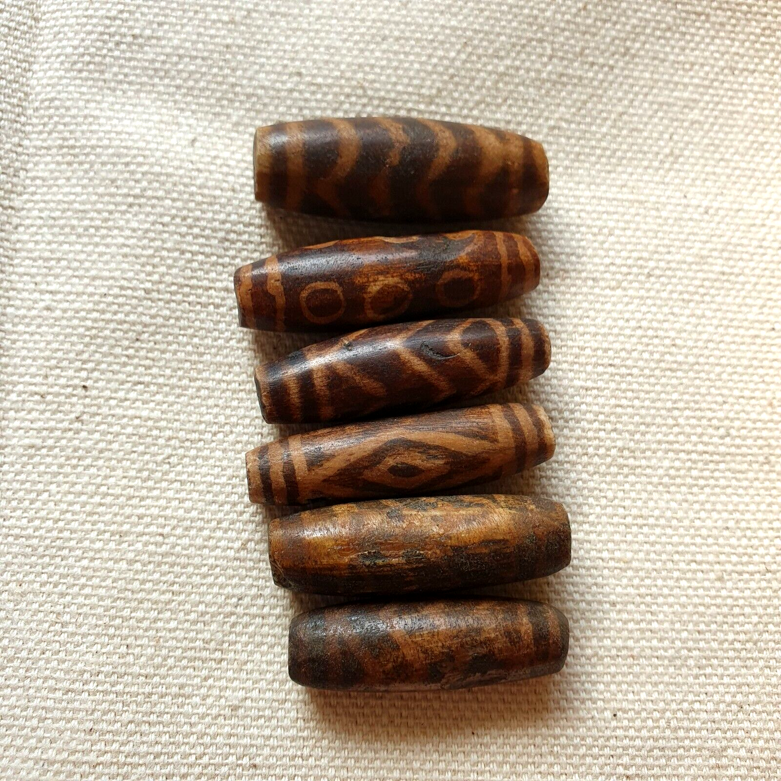 Lot 6 Asian Burmese Antique Pumtek petrified Wood Stone beads