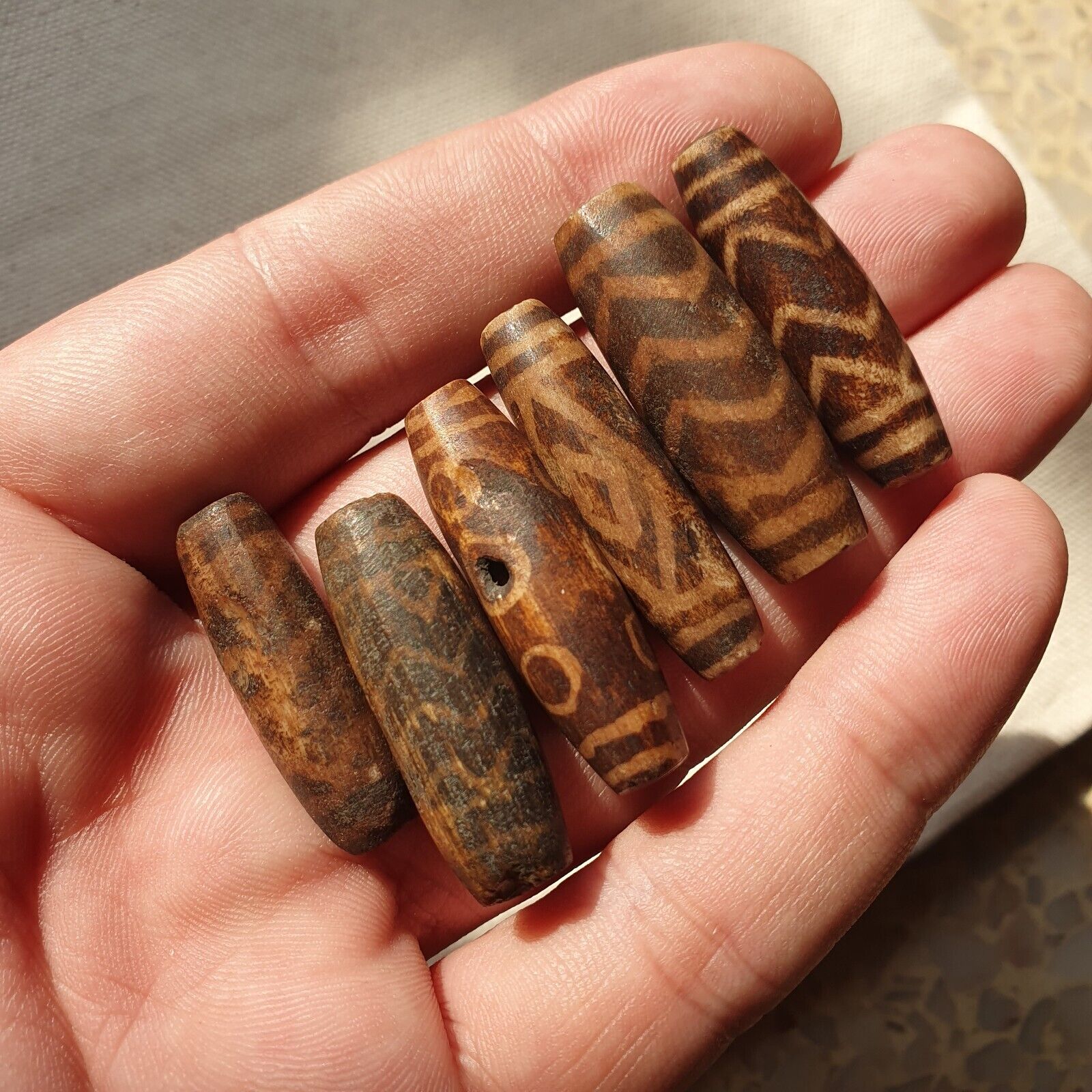 Lot 6 Asian Burmese Antique Pumtek petrified Wood Stone beads