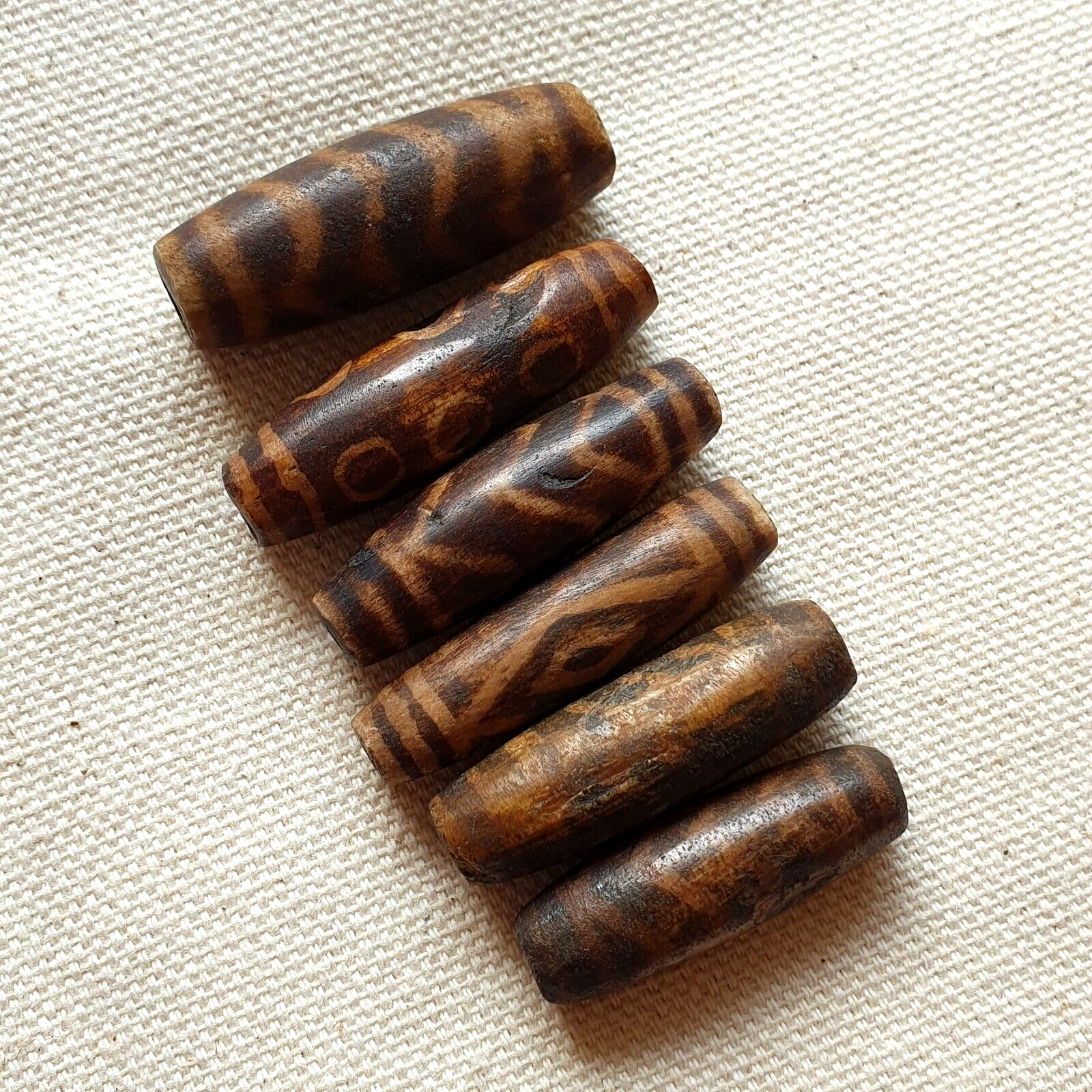 Lot 6 Asian Burmese Antique Pumtek petrified Wood Stone beads