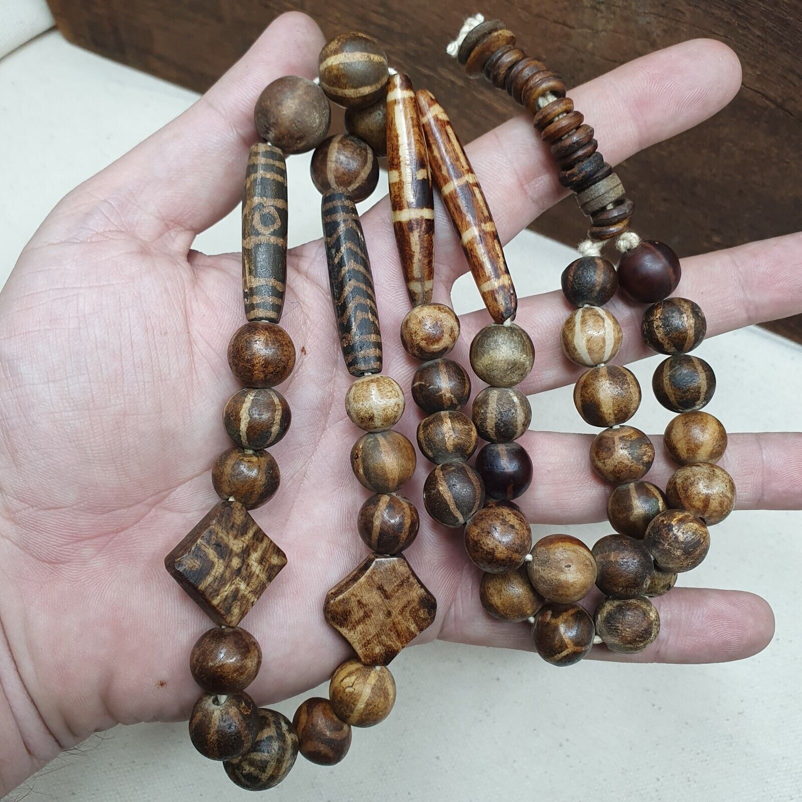 Rare Antique Old PUMTEK BEADS Necklace Palmwood Great Patterns