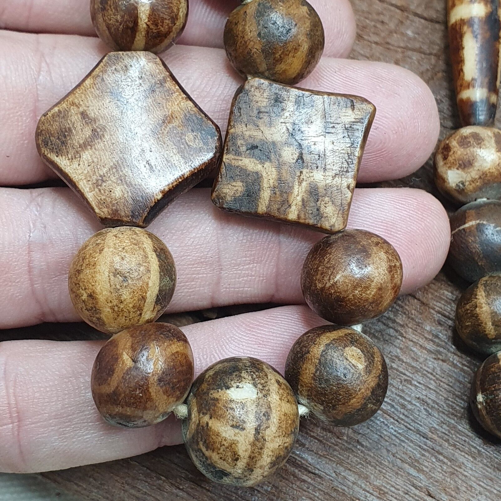 Rare Antique Old PUMTEK BEADS Necklace Palmwood Great Patterns