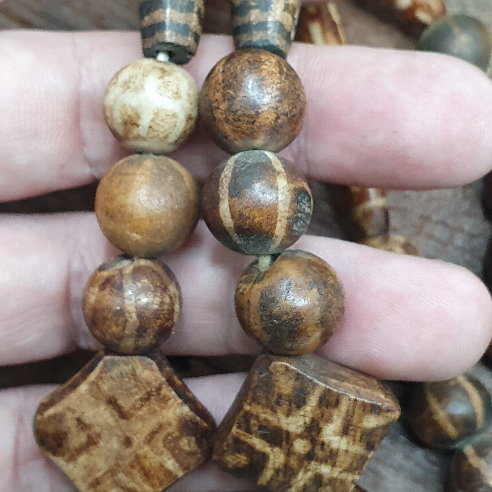 Rare Antique Old PUMTEK BEADS Necklace Palmwood Great Patterns