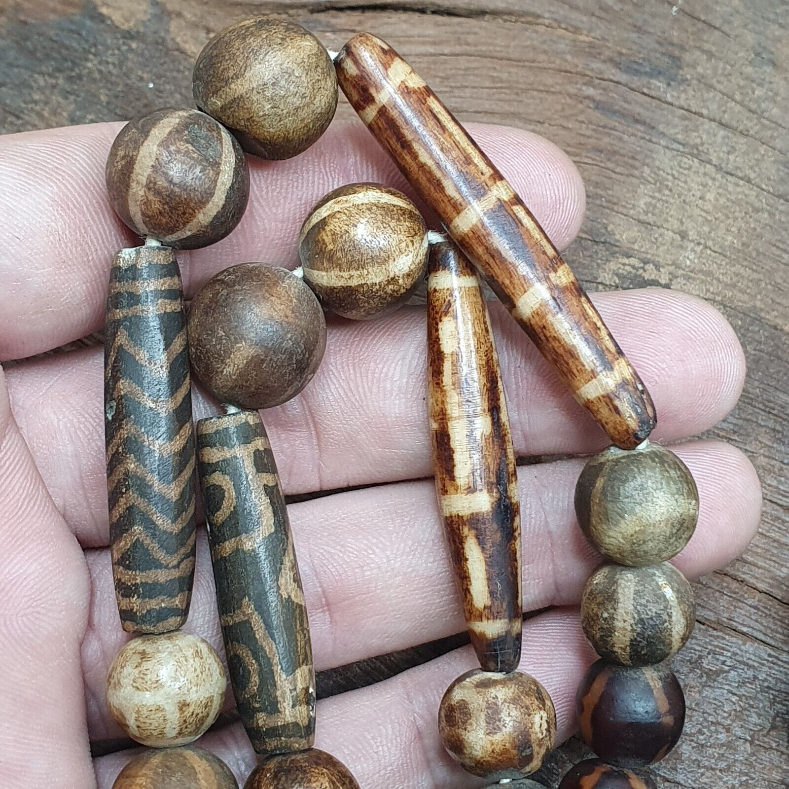 Rare Antique Old PUMTEK BEADS Necklace Palmwood Great Patterns