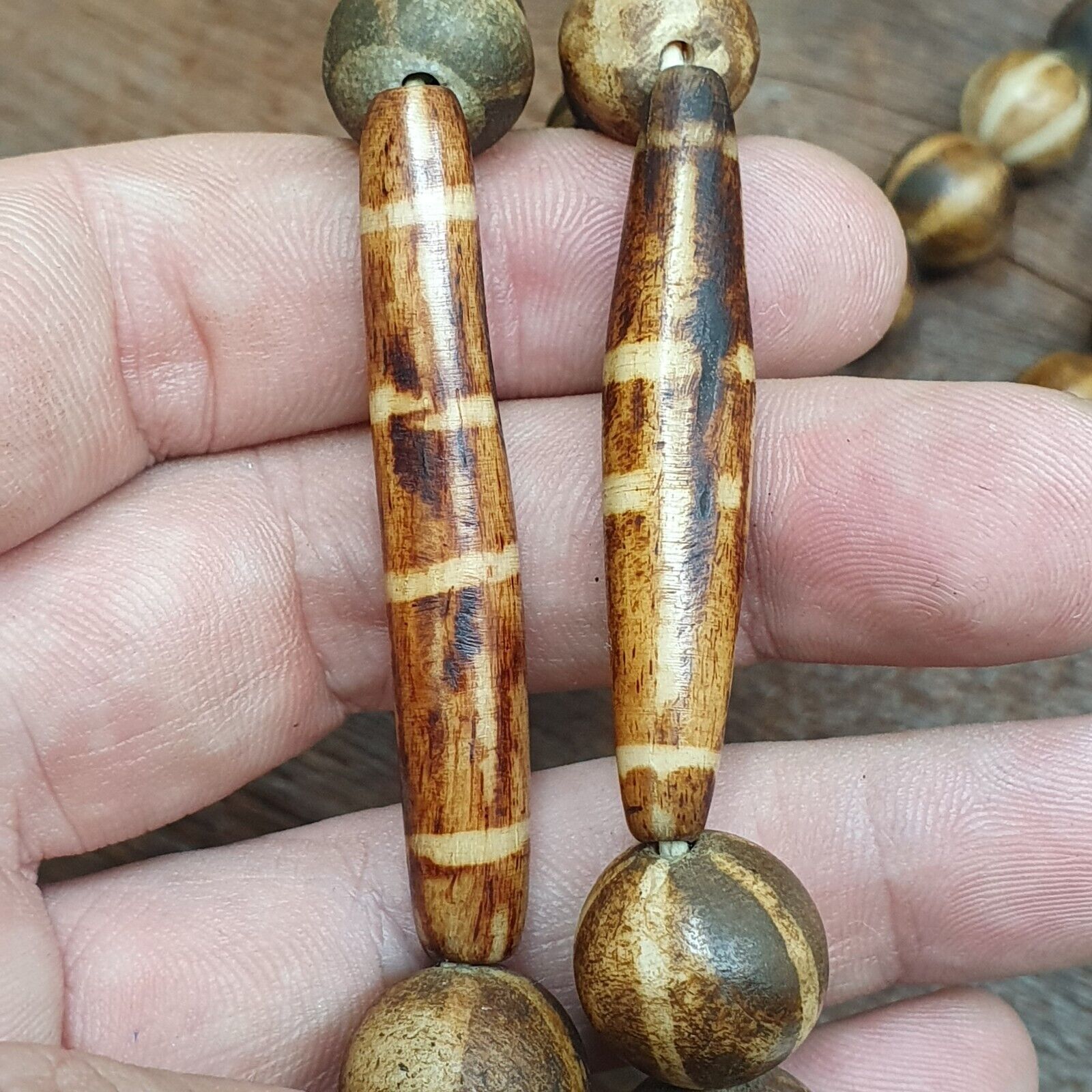 Rare Antique Old PUMTEK BEADS Necklace Palmwood Great Patterns