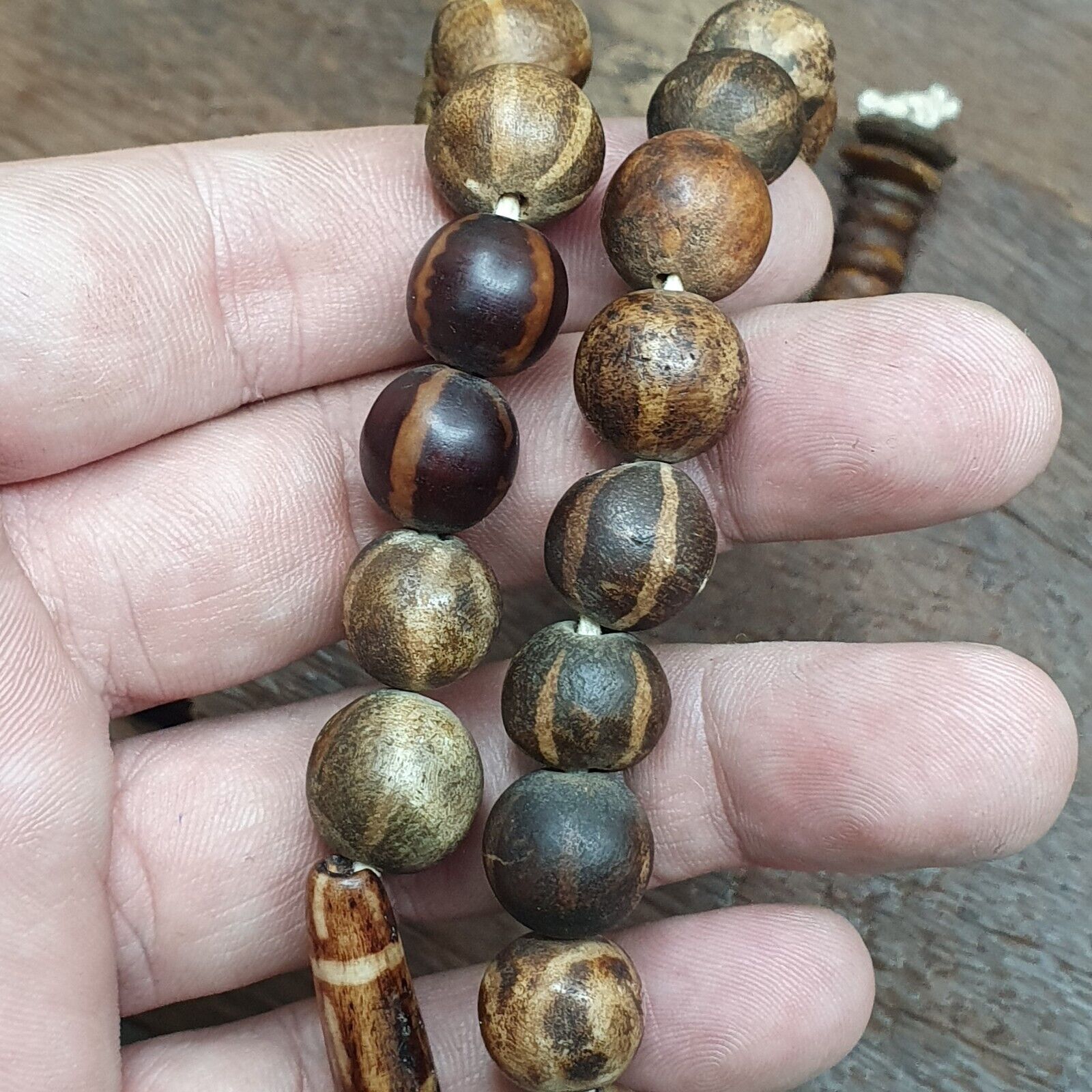 Rare Antique Old PUMTEK BEADS Necklace Palmwood Great Patterns