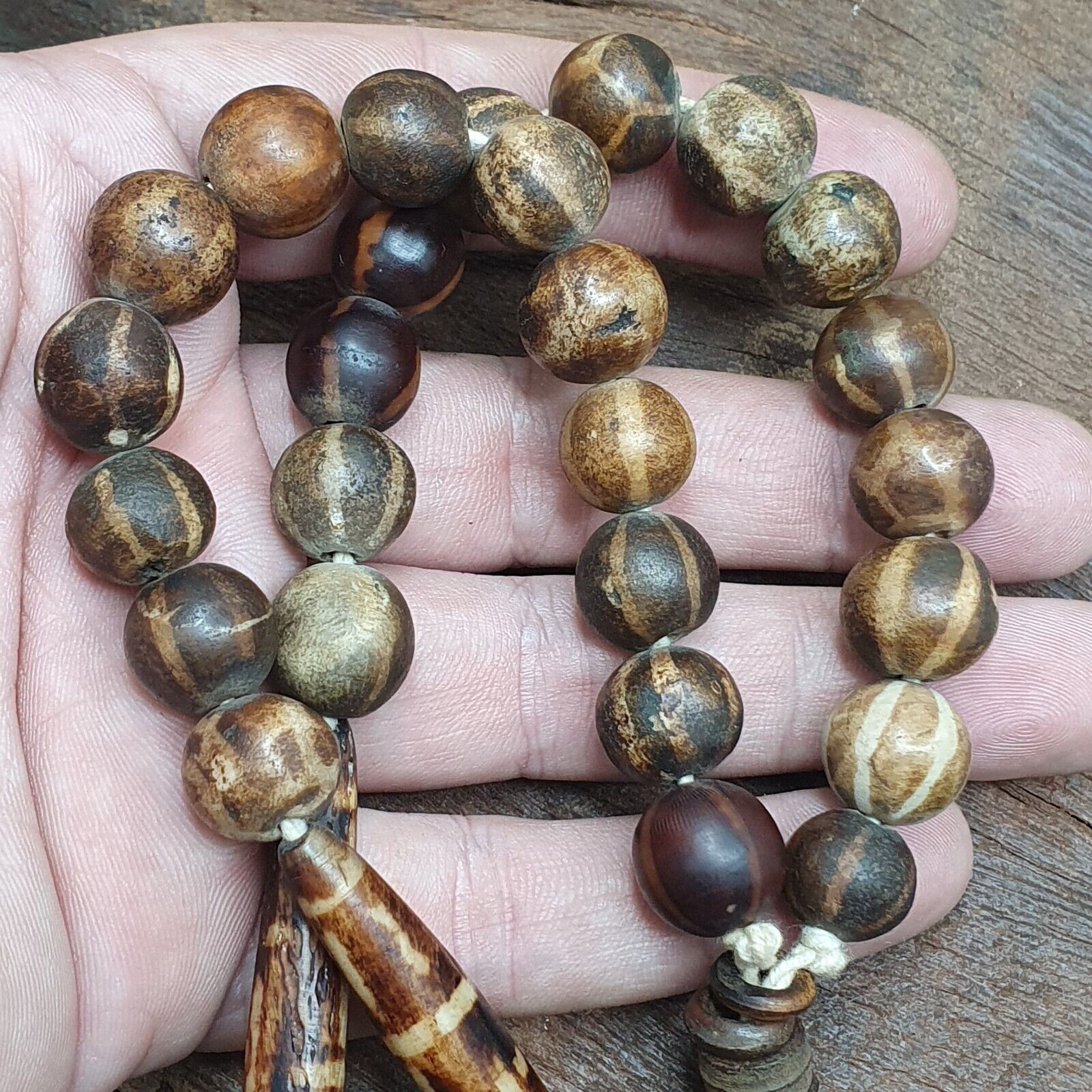 Rare Antique Old PUMTEK BEADS Necklace Palmwood Great Patterns