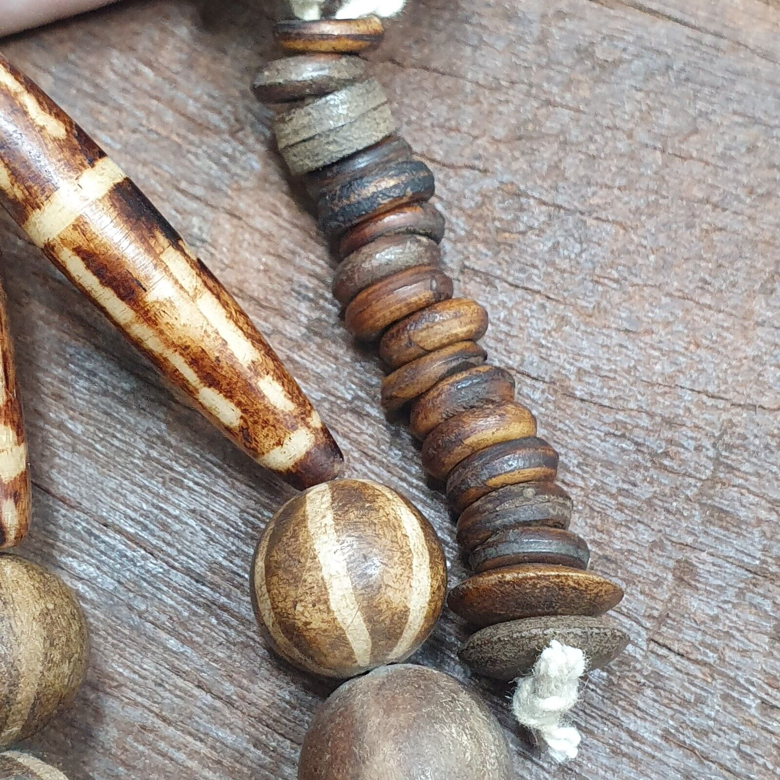 Rare Antique Old PUMTEK BEADS Necklace Palmwood Great Patterns