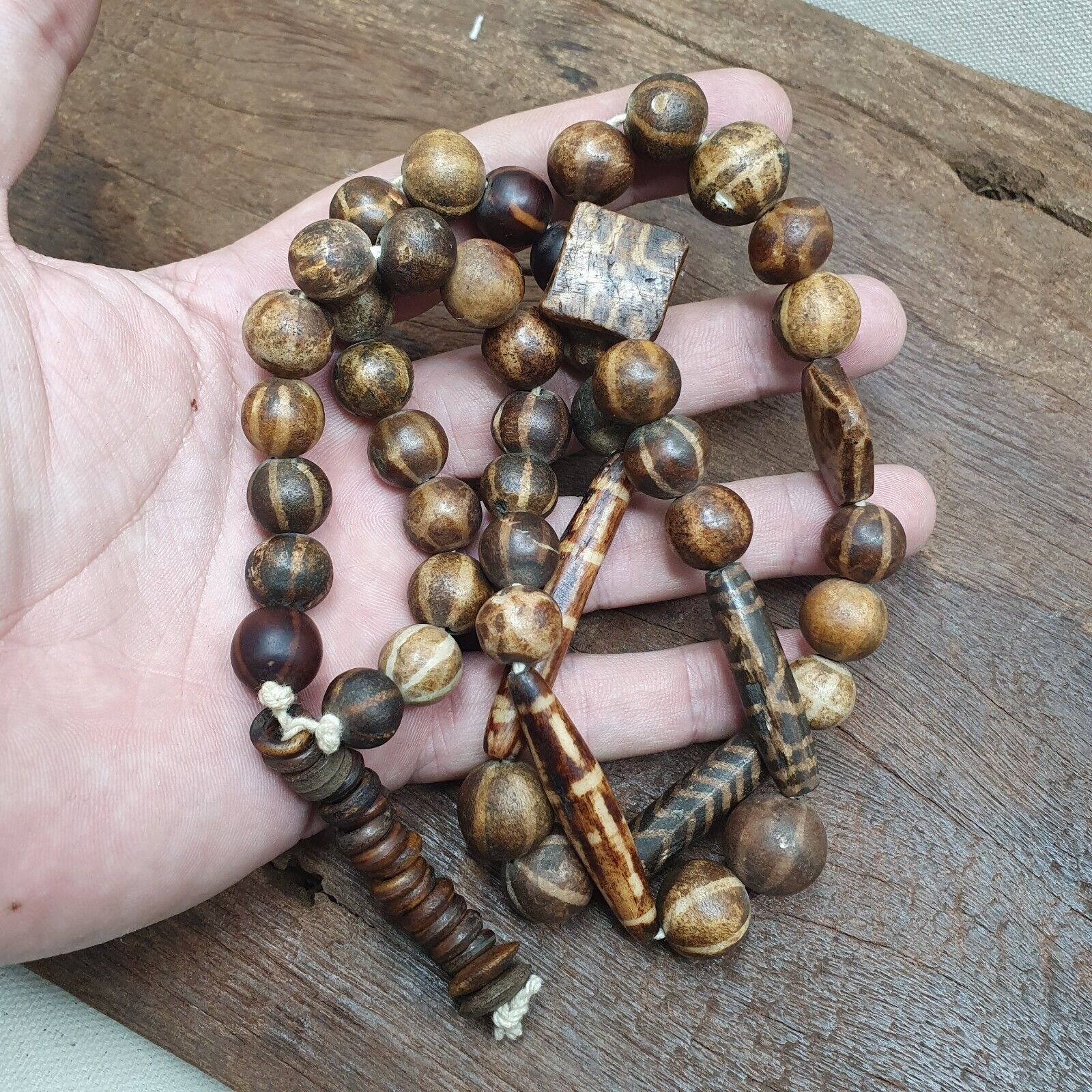 Rare Antique Old PUMTEK BEADS Necklace Palmwood Great Patterns