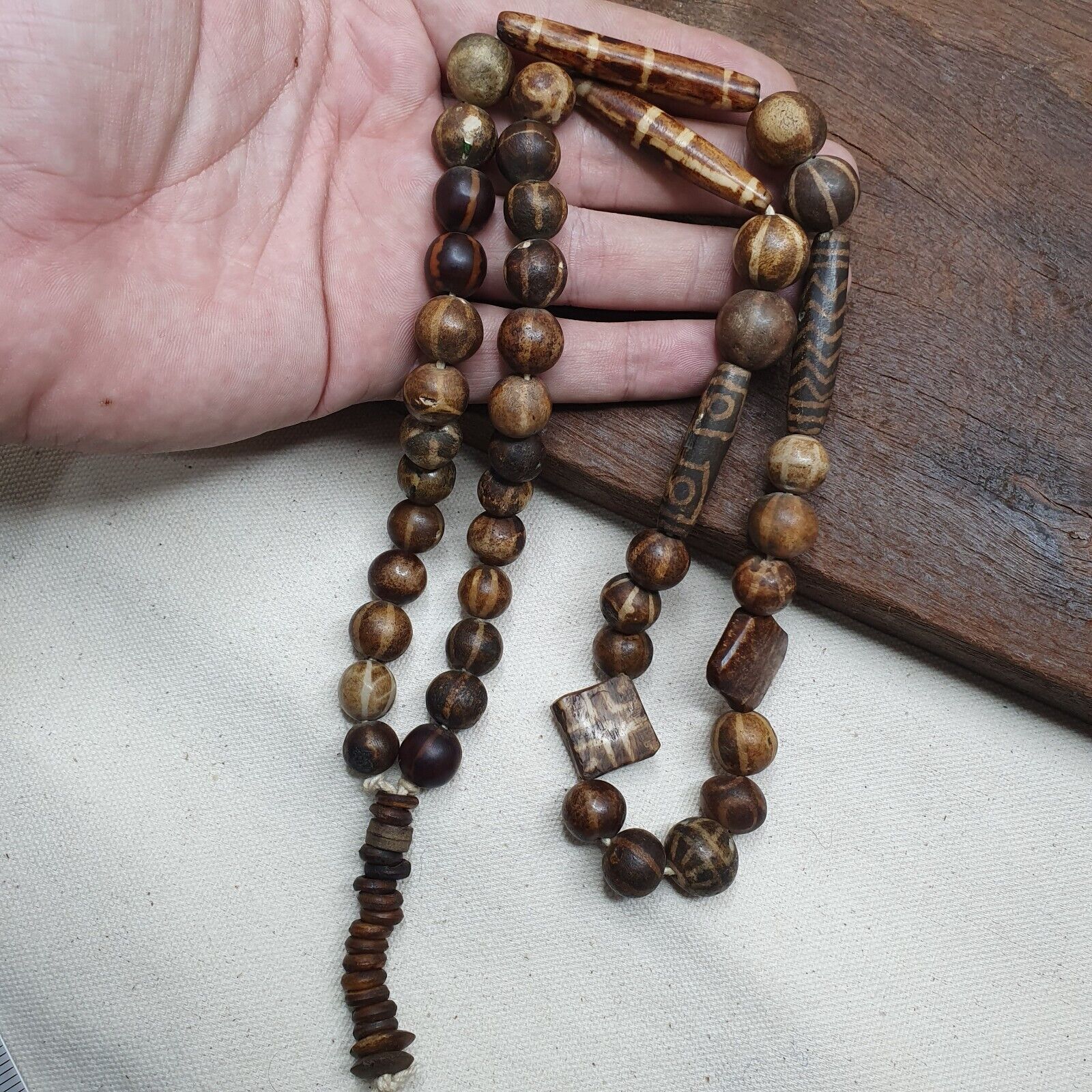 Rare Antique Old PUMTEK BEADS Necklace Palmwood Great Patterns