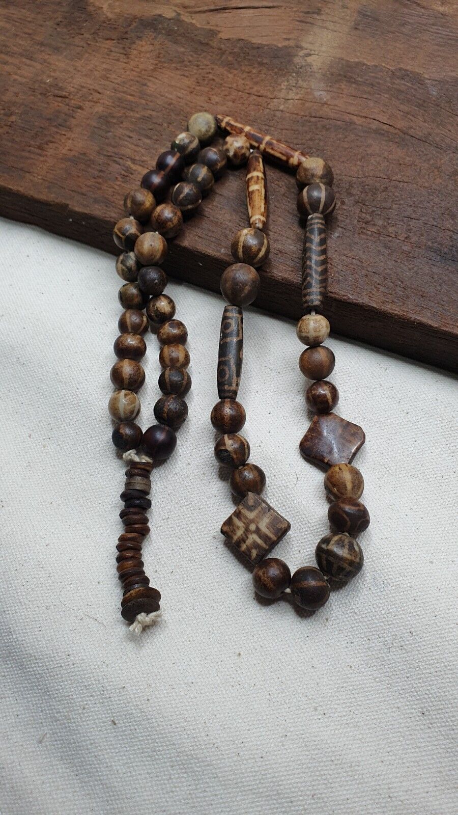 Rare Antique Old PUMTEK BEADS Necklace Palmwood Great Patterns