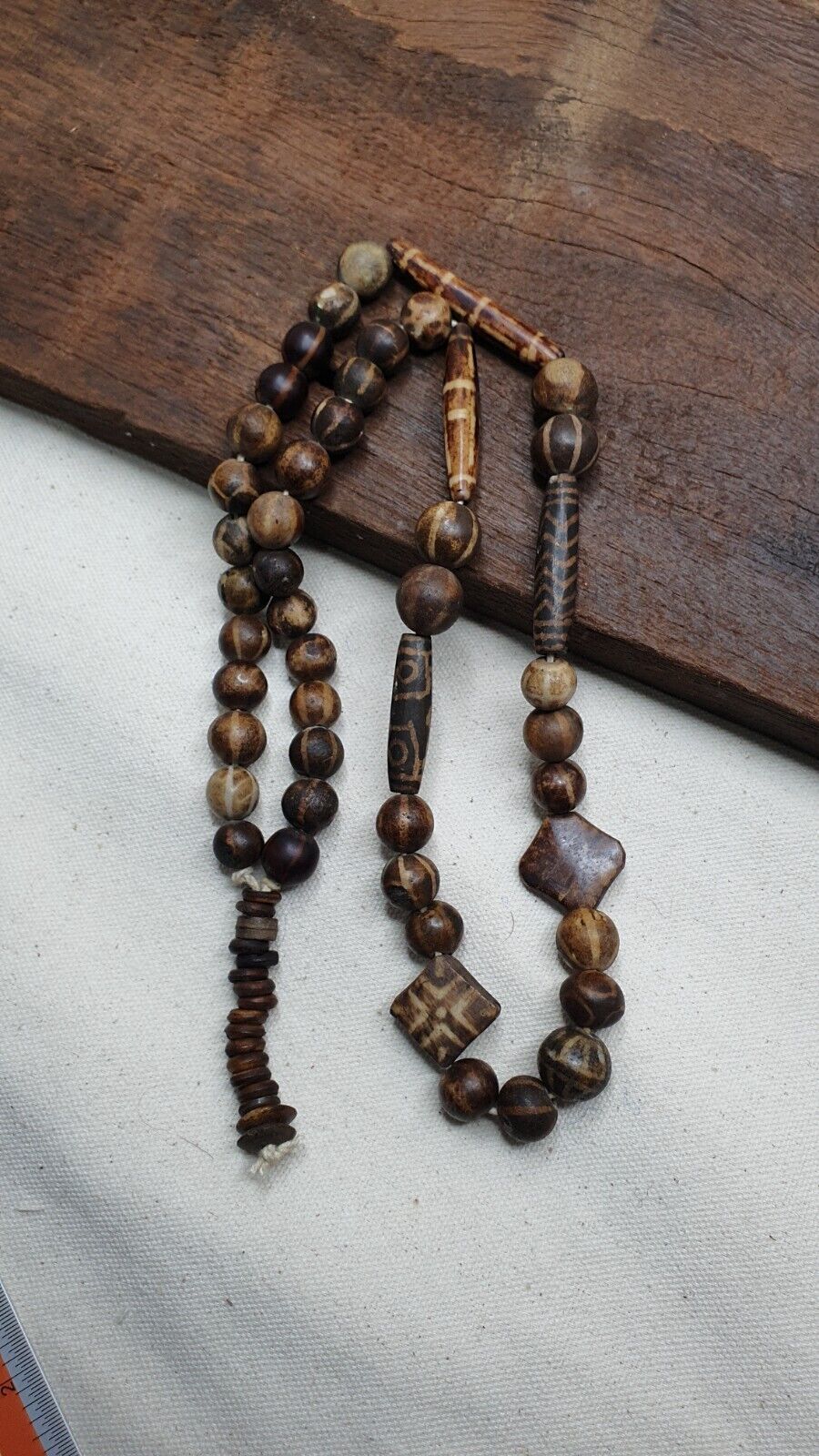 Rare Antique Old PUMTEK BEADS Necklace Palmwood Great Patterns