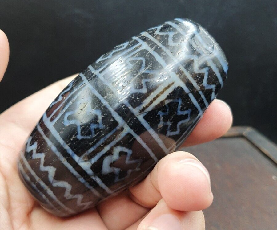 Huge Bead Indus Valley Etched Black Agate Antique Jewelry Beads Pendant