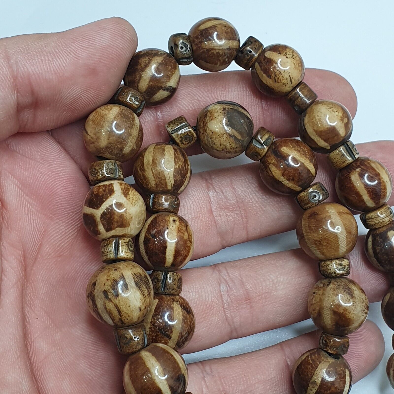 Asian Burmese Old Pumtek Petrified Wood Decorated Stone beads Strand necklace