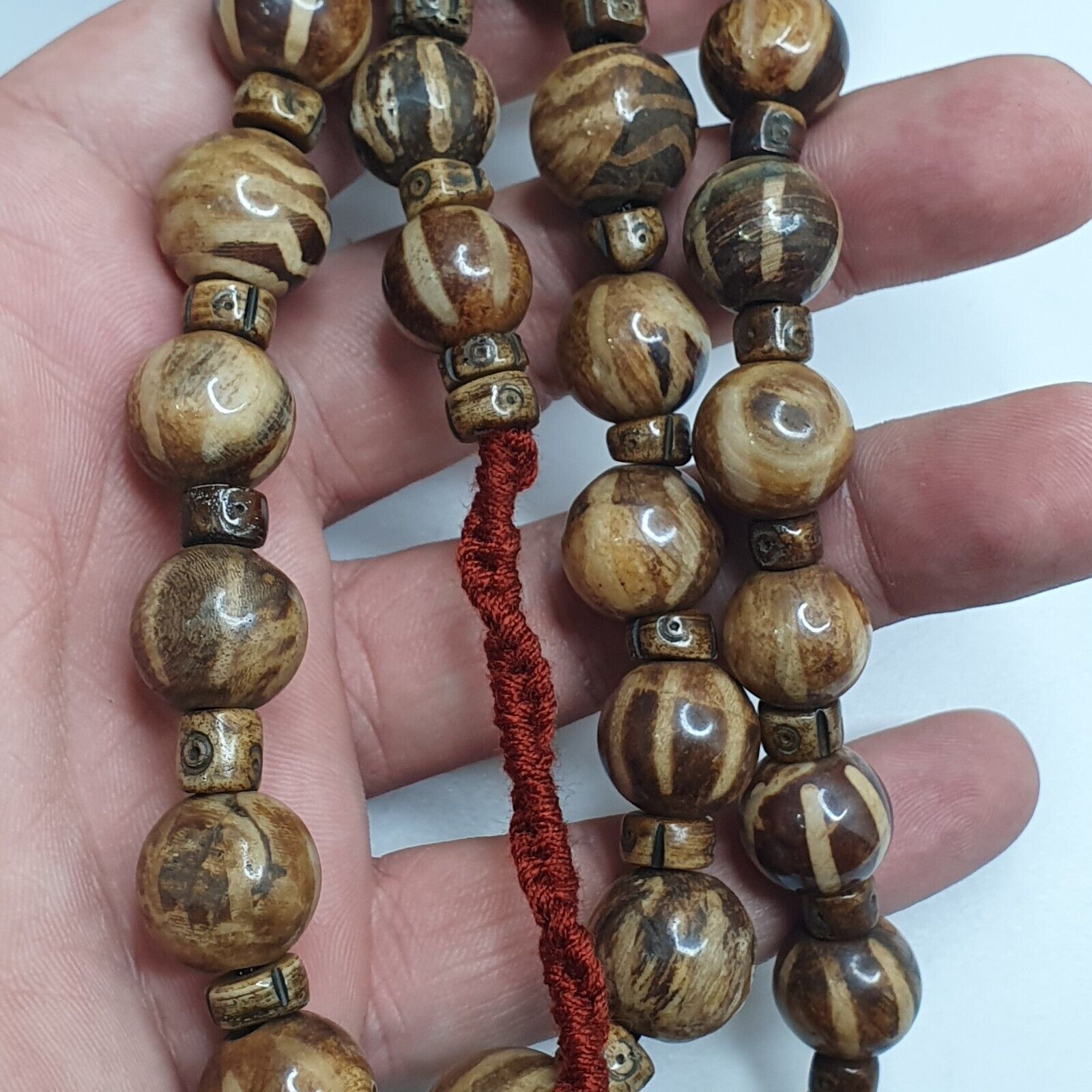 Asian Burmese Old Pumtek Petrified Wood Decorated Stone beads Strand necklace