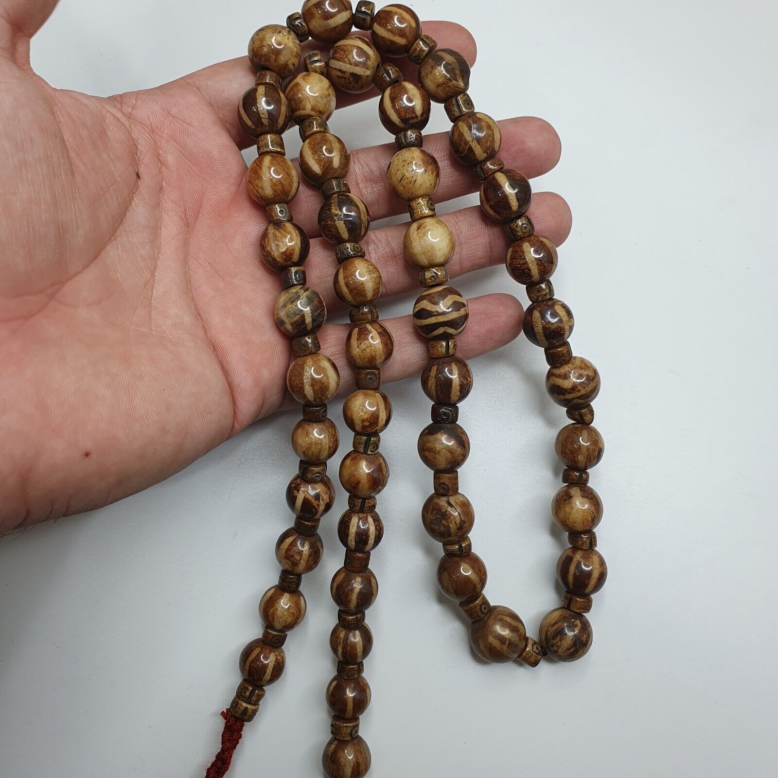 Asian Burmese Old Pumtek Petrified Wood Decorated Stone beads Strand necklace
