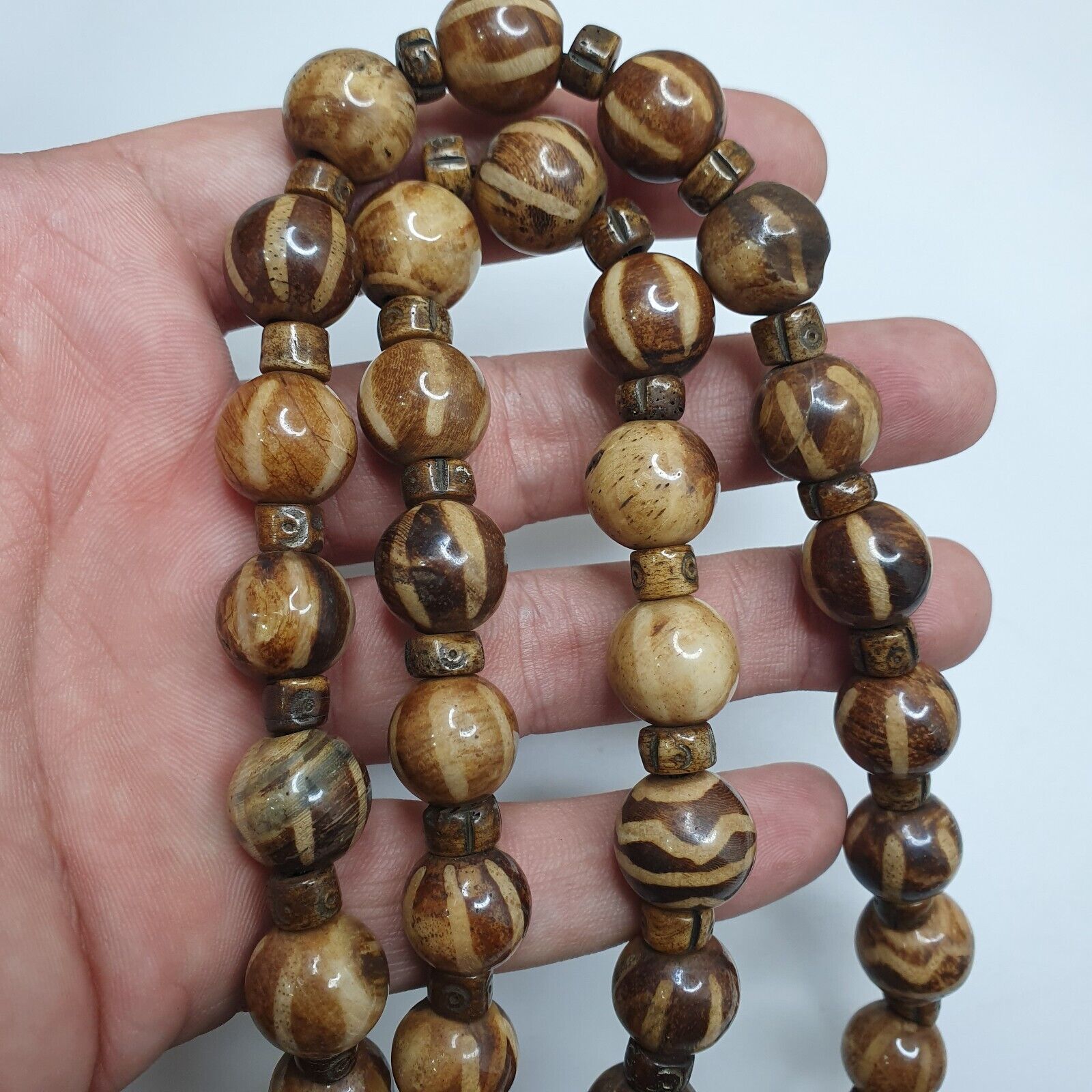 Asian Burmese Old Pumtek Petrified Wood Decorated Stone beads Strand necklace