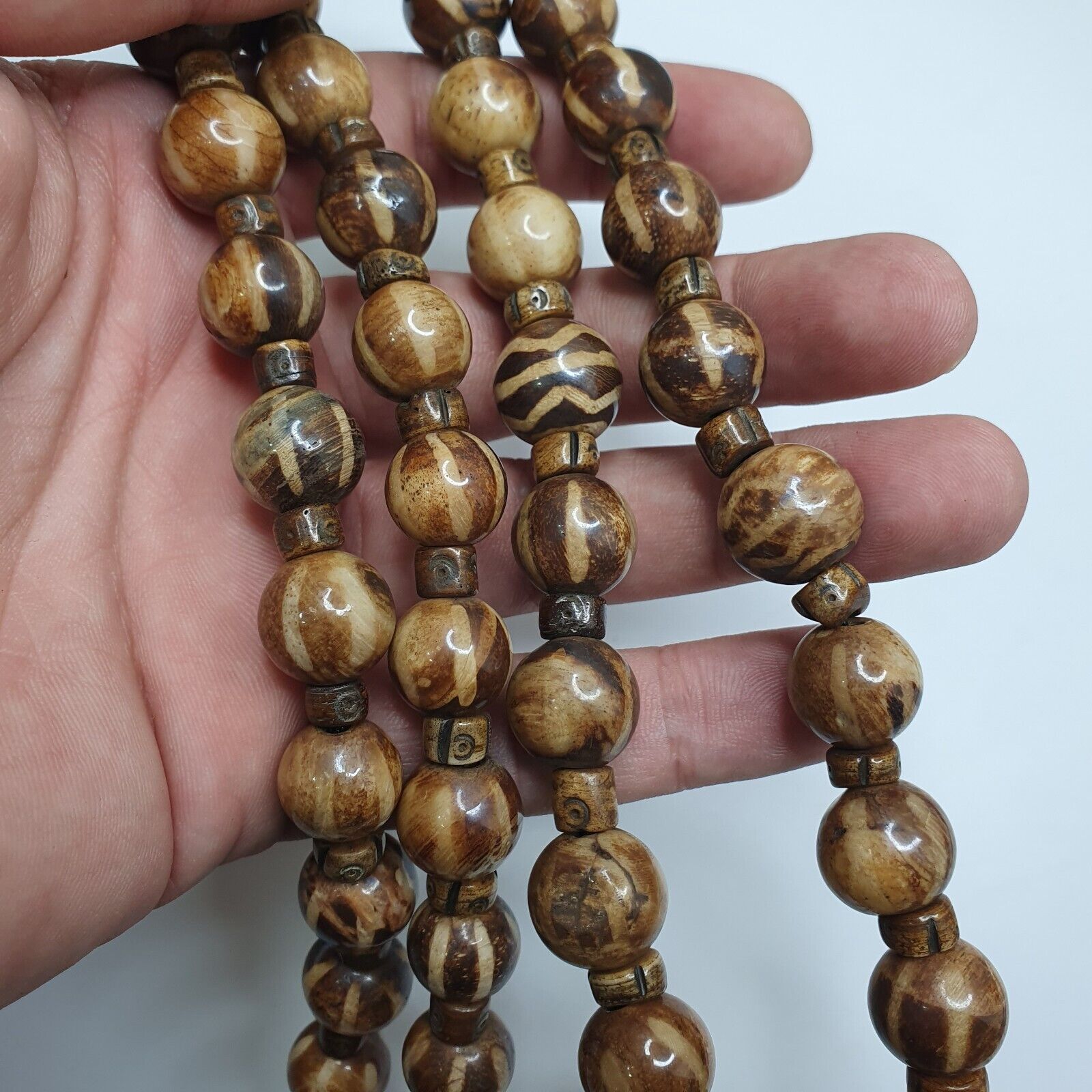 Asian Burmese Old Pumtek Petrified Wood Decorated Stone beads Strand necklace