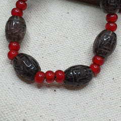 Antique Tibetan Carving Smoky Quartz & venetian whiteheart Beads Mala Necklace