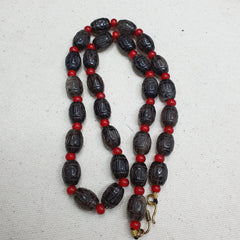 Tibetan antique Carving Smoky Quartz & venetian whiteheart Beads Mala Necklace