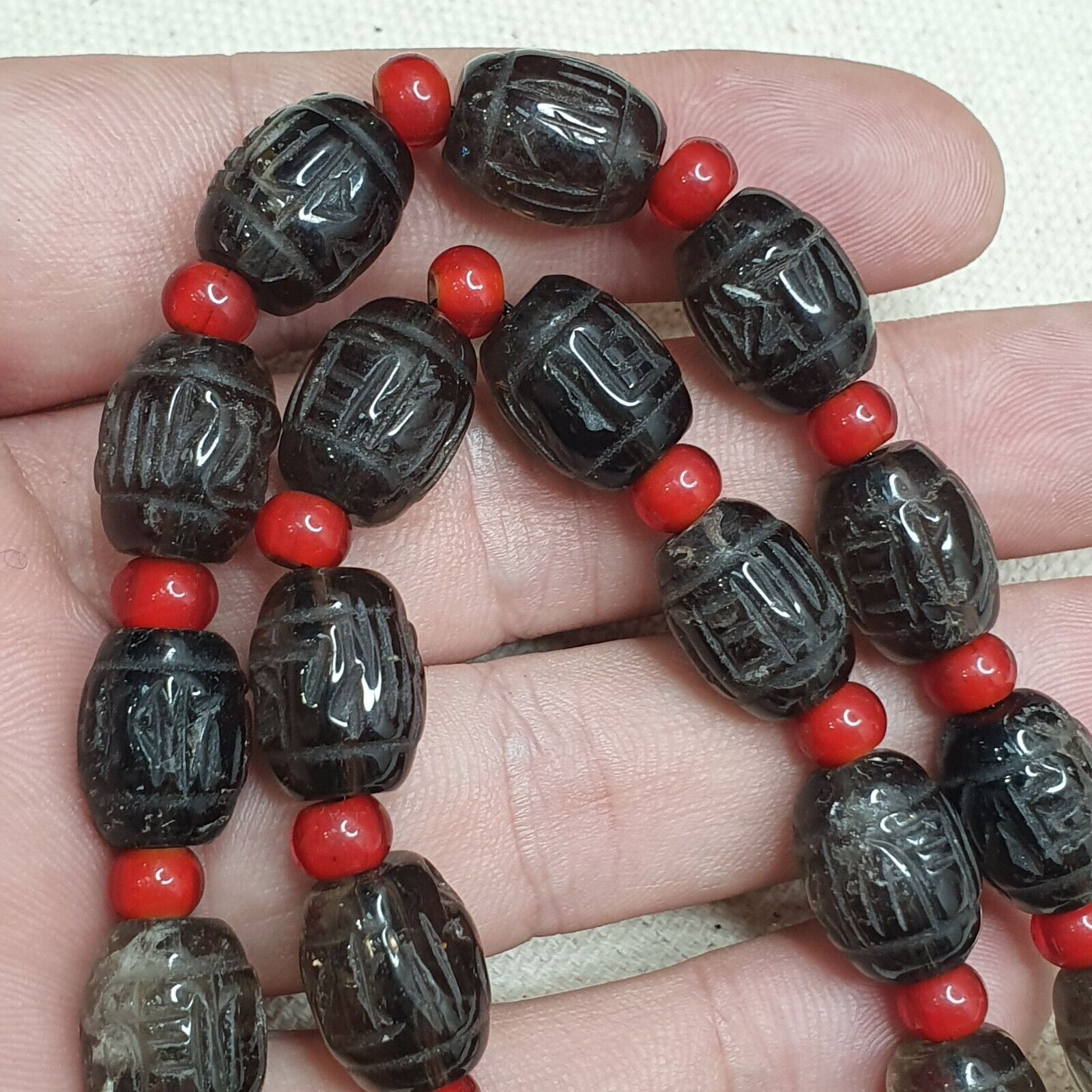 Tibetan antique Carving Smoky Quartz & venetian whiteheart Beads Mala Necklace