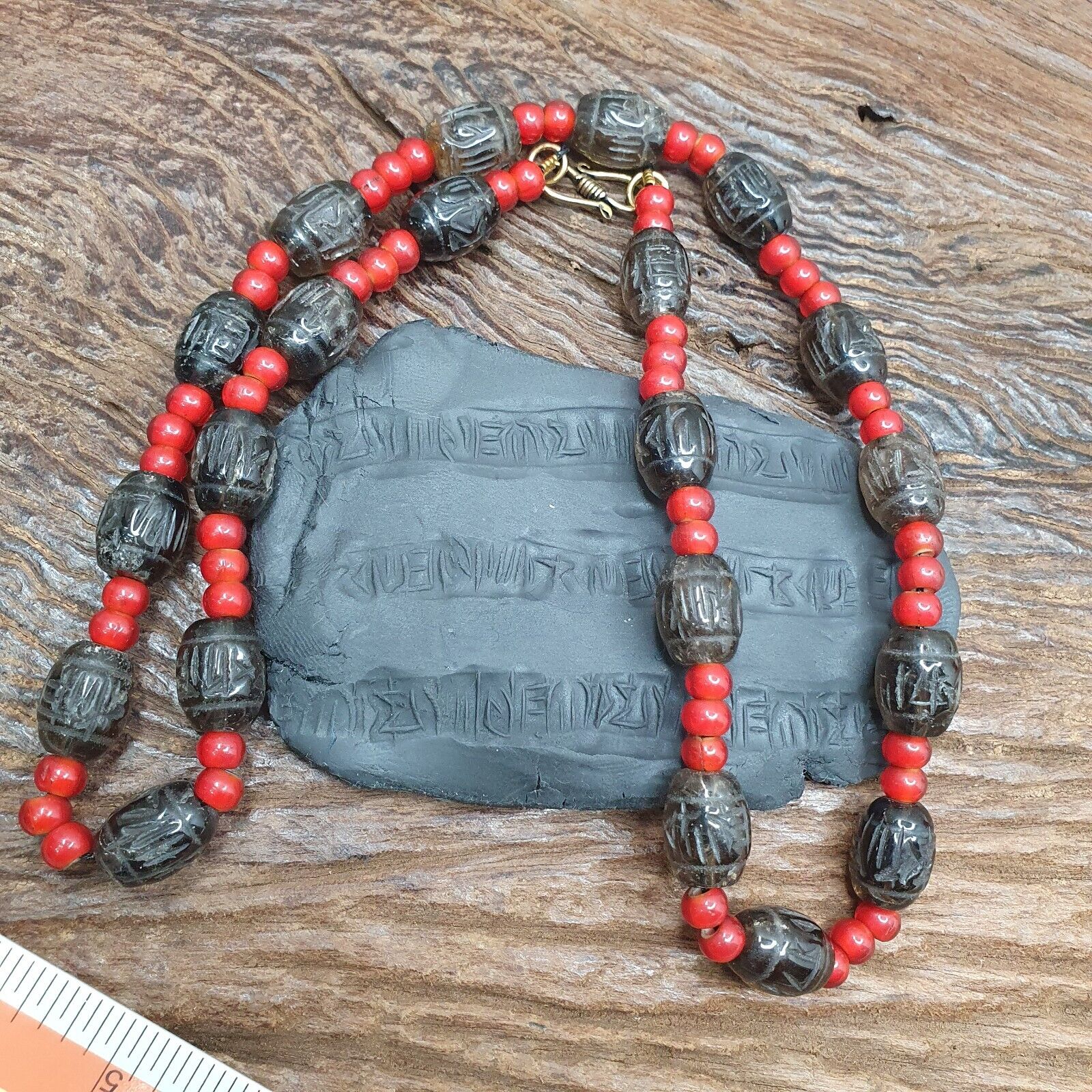Antique Tibetan Carving Smoky Quartz & venetian whiteheart Beads Mala Necklace