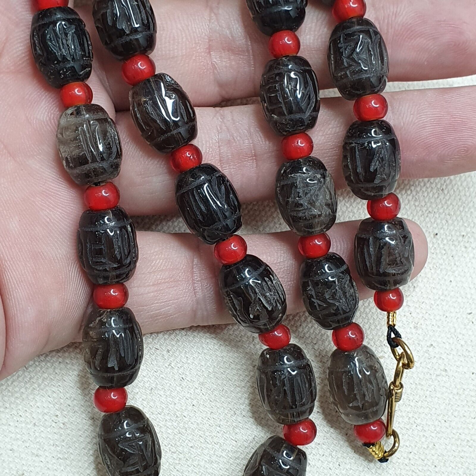 Tibetan antique Carving Smoky Quartz & venetian whiteheart Beads Mala Necklace
